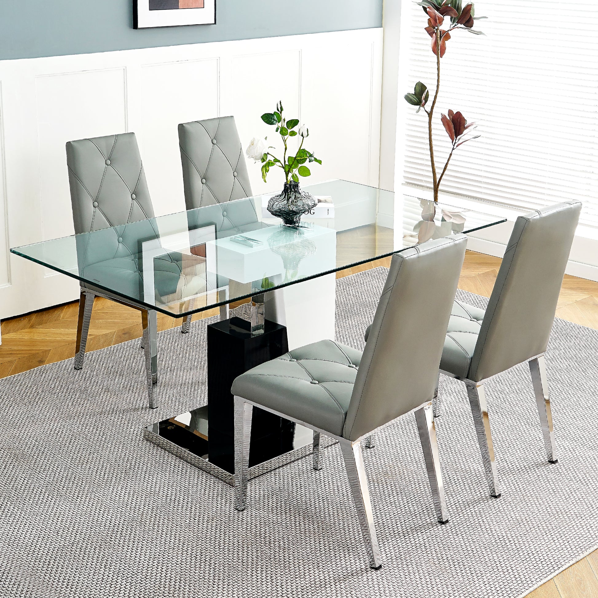 Modern Style Glass Table, Elegant Transparent Design, Durable Support Base, Solid, Selected Materials Made Of Furniture Display Fashion, Suitable For The Living Room Set Of 5 Grey Silver Seats 4 Mdf Glass