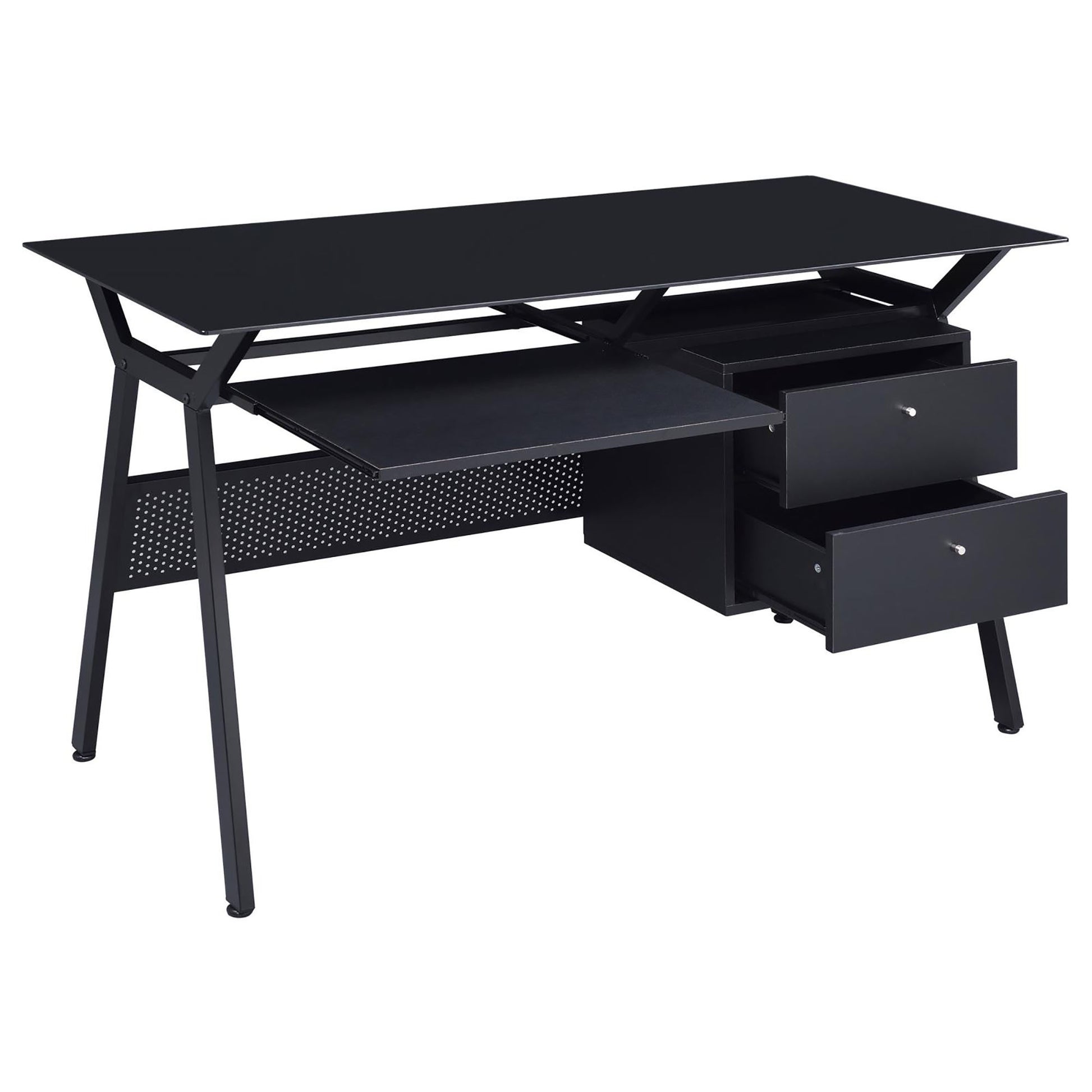 Black 2 Drawer Computer Desk Black Keyboard Tray Computer Desk Office Contemporary,Modern Rectangular Drawers Folding Tables Metal Trestle