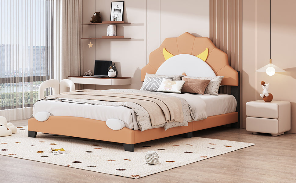 Full Size Upholstered Leather Platform Bed With Lion Shaped Headboard, Brown Brown Upholstered