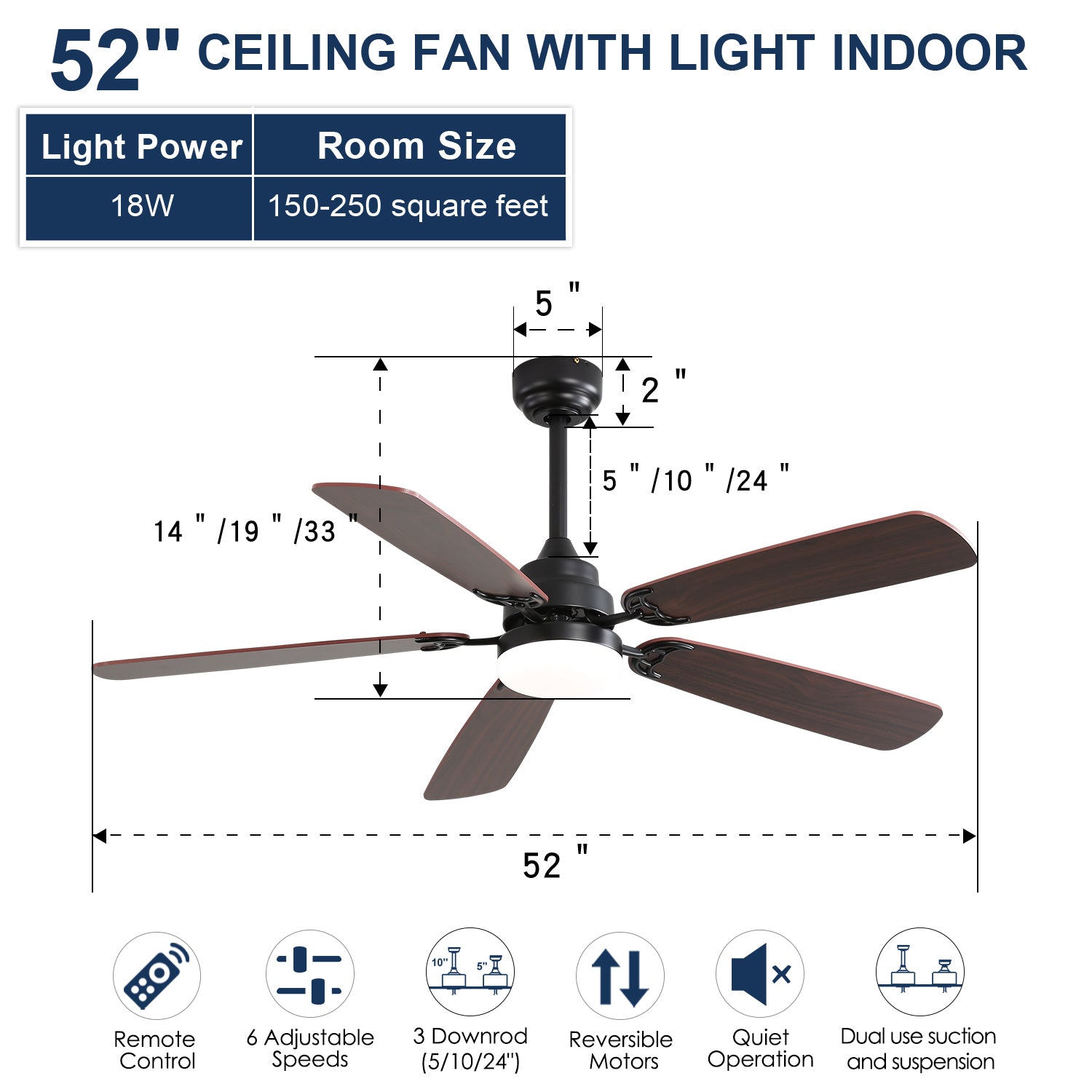 52 Inch Classics Ceiling Fan With Dimmable Led Light 6 matte black-mdf