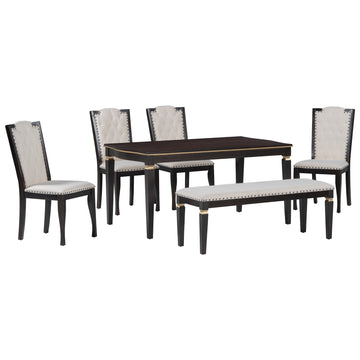 6 Piece Kitchen Dining Table Set, 62.7" Rectangular Table And 4 High Back Tufted Chairs & 1 Bench For Dining Room And Kitchen Espresso Espresso Modern Solid Wood Mdf