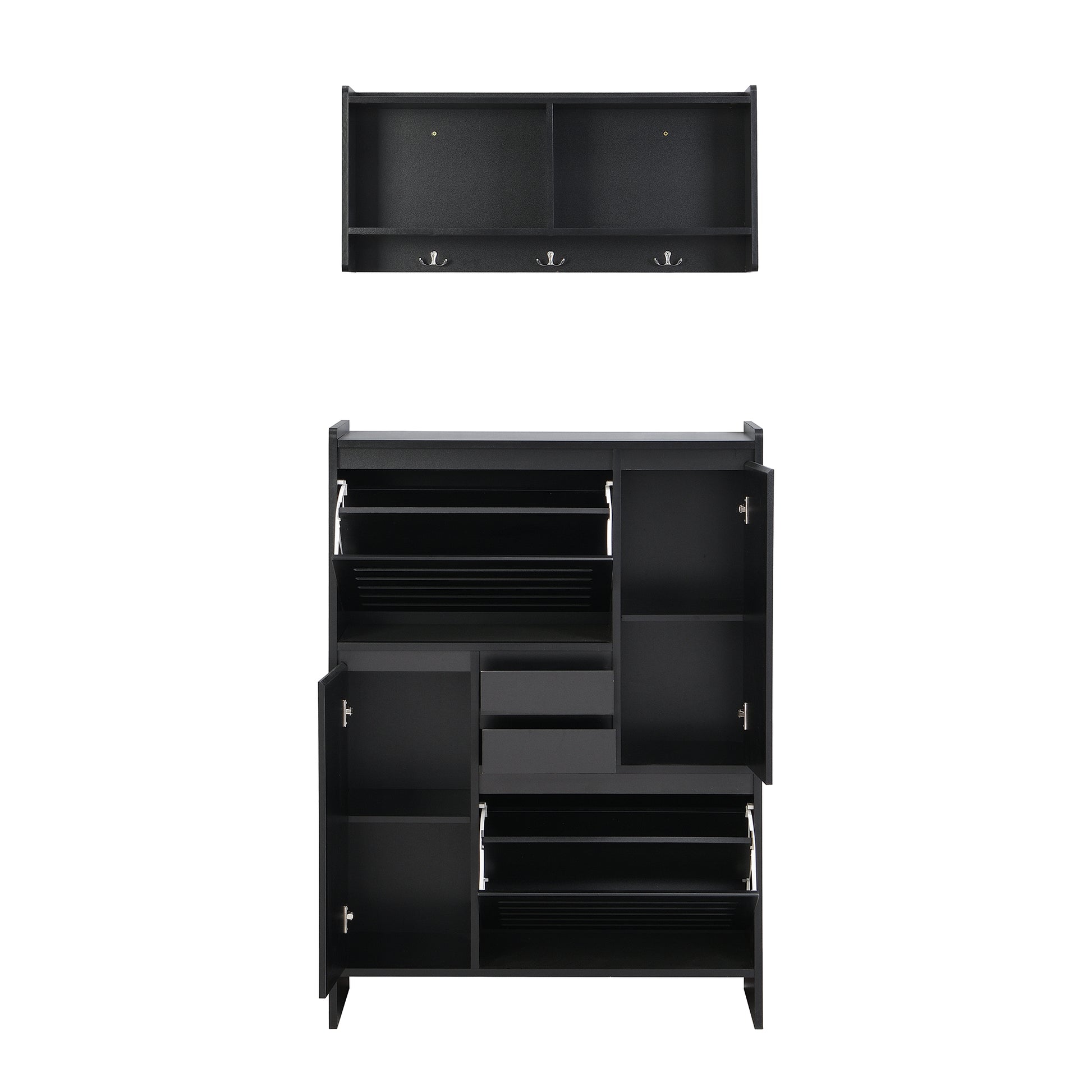 Multi Functional Shoe Cabinet With Wall Cabinet, Space Saving Design Foyer Cabinet With 2 Flip Drawers, Versatile Side Cabinet For Hallway, Black Black Primary Living Space Particle Board