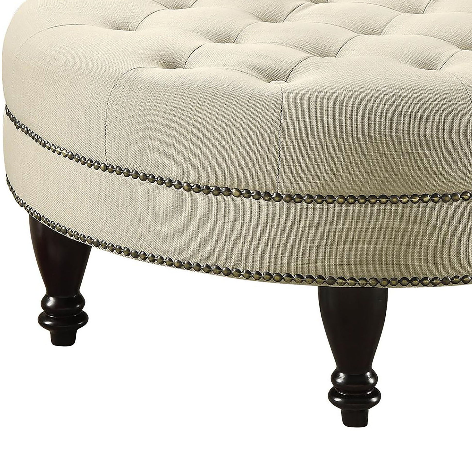 Oatmeal Cocktail Ottoman With Trim Beige Wood Primary Living Space Backless Traditional Rubberwood Round Armless Foam Tufted Upholstered