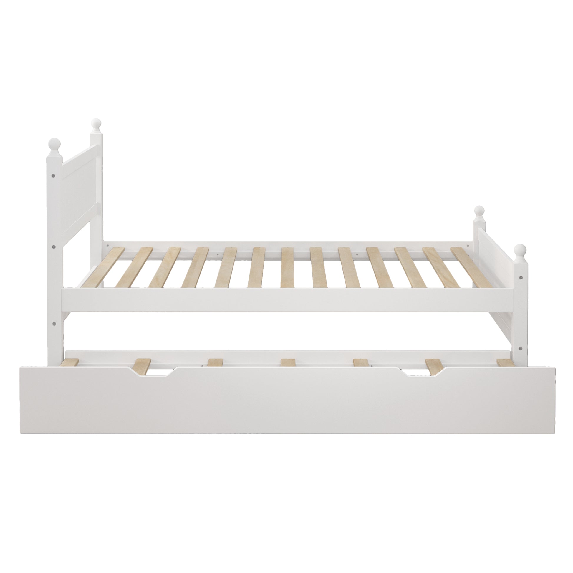 Full Size Solid Wood Platform Bed Frame With Trundle For Limited Kids, Teens, Adults, No Need Box Spring, White Box Spring Not Required Full White Wood Bedroom Mid Century Modern,Modern Pine Bed Frame Wood