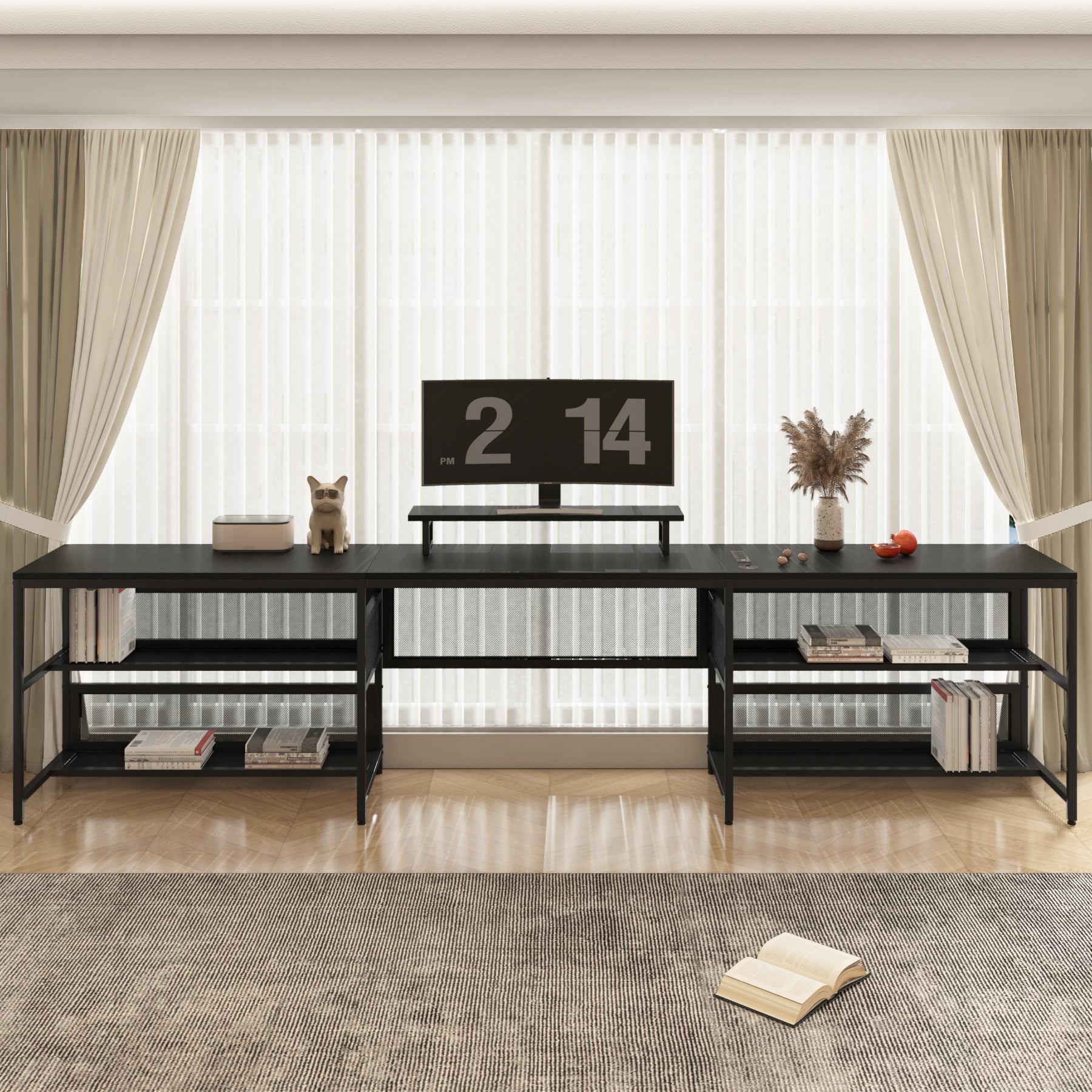 U shaped Desk with Shelve and LED lights black-mdf