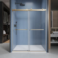 62'' 66'' W X 76'' H Soft Closing Double Sliding Frameless Shower Door With 3 8 Inch 10Mm Clear Glass In Brushed Gold Brushed Gold Stainless Steel