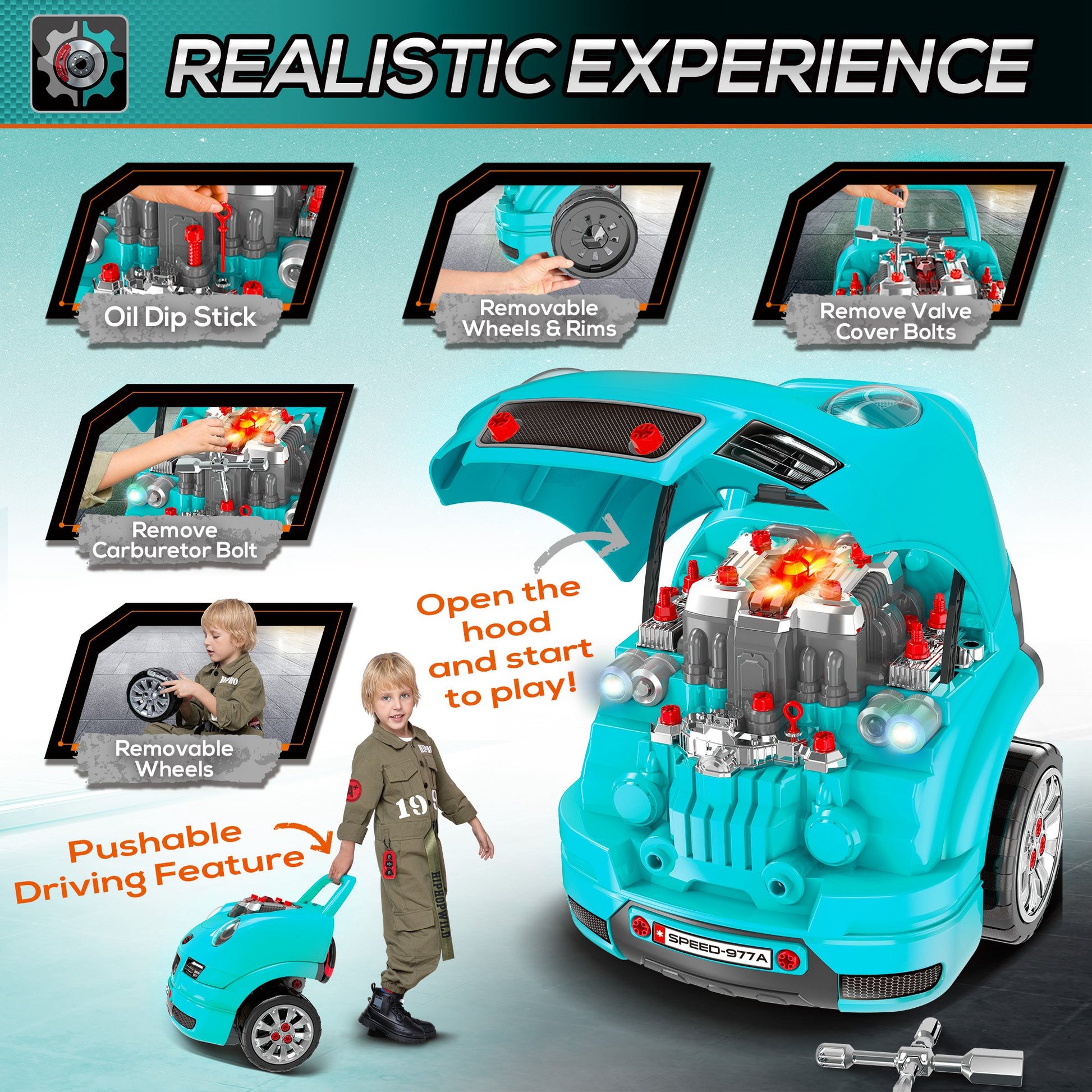 Kids Truck Engine Toy, Kids Mechanic Car Repair Set, Engine Disassembly Play Workshop, Includes 61 Pieces, Steering Wheel, Horn, Light For 3 5 Years Old, Teal Teal Abs