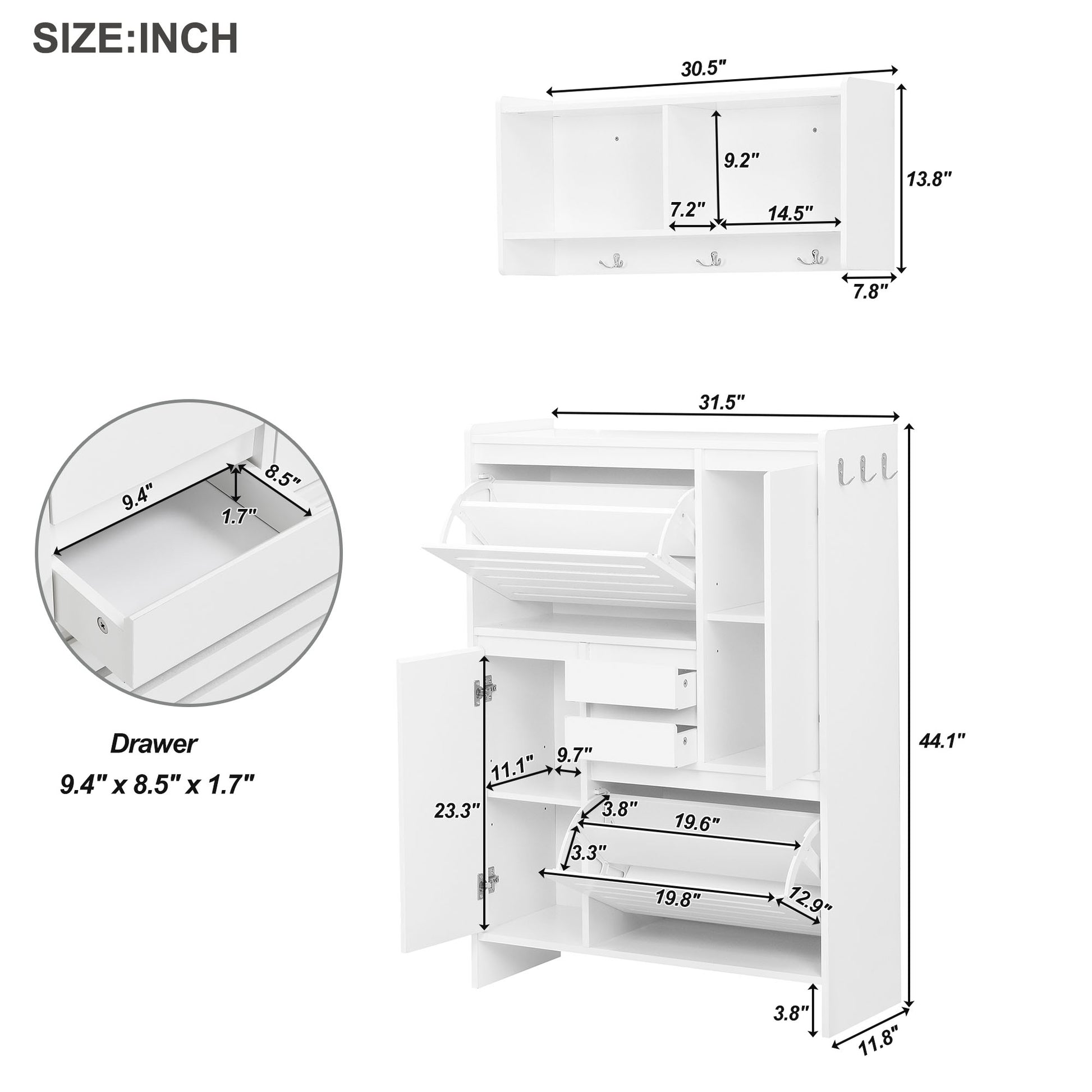 Multi Functional Shoe Cabinet With Wall Cabinet, Space Saving Design Foyer Cabinet With 2 Flip Drawers, Versatile Side Cabinet For Hallway, White White Primary Living Space Particle Board