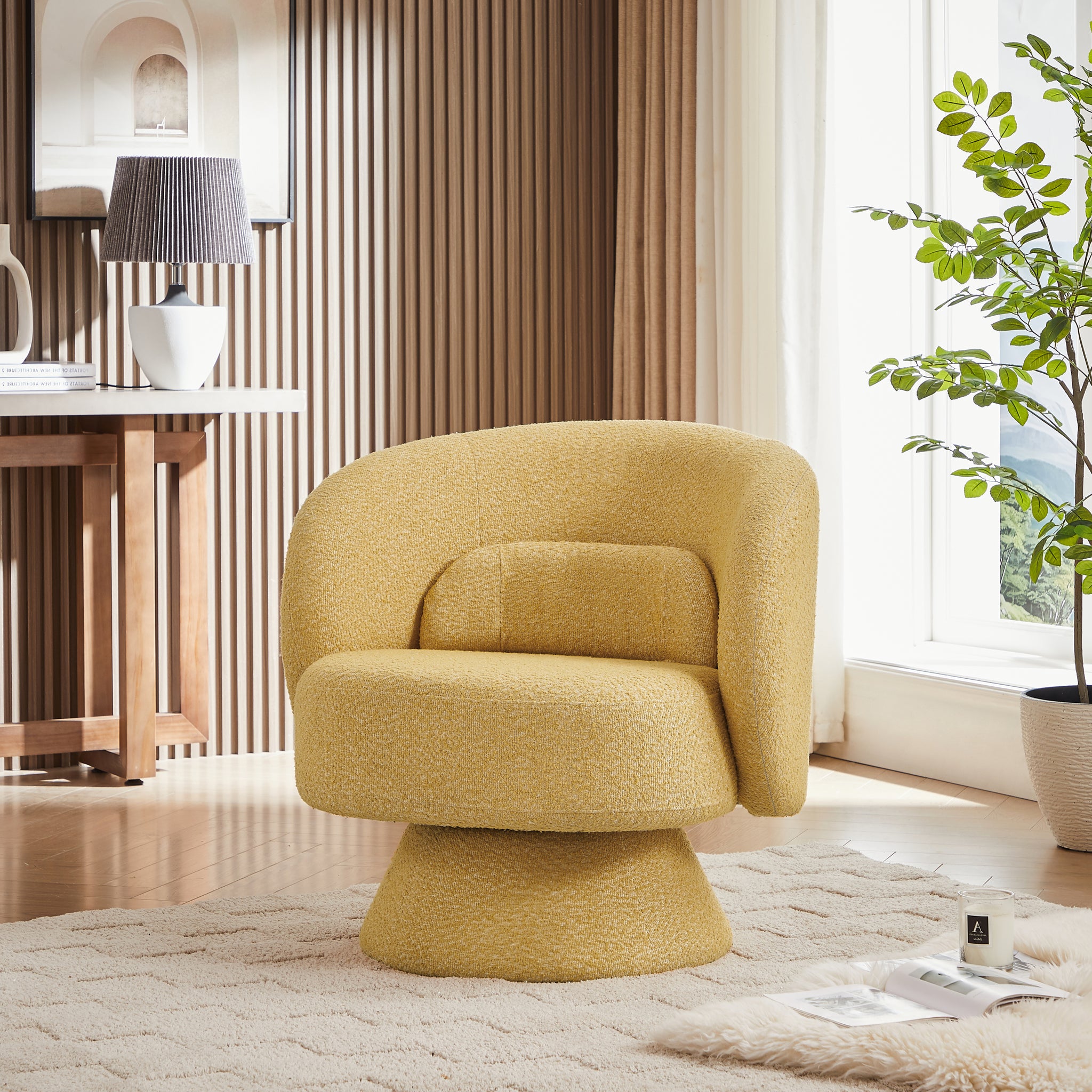 360 Degree Swivel Sherpa Accent Chair Modern Style yellow-primary living space-foam-fabric