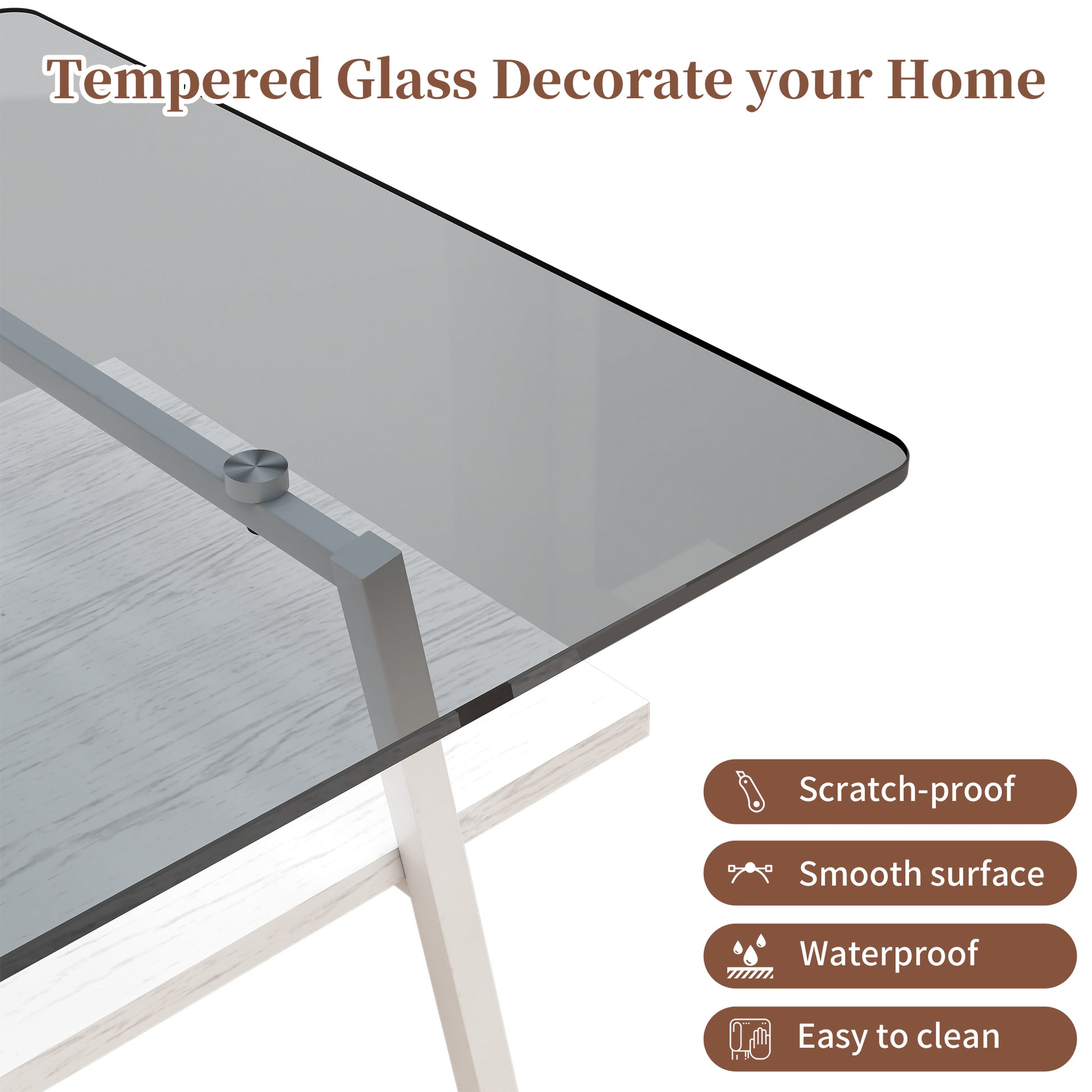 Rectangle Coffee Table, Tempered Glass Tabletop With White Metal Legs, Modern Table For Living Roomgray Glass Gray Tempered Glass