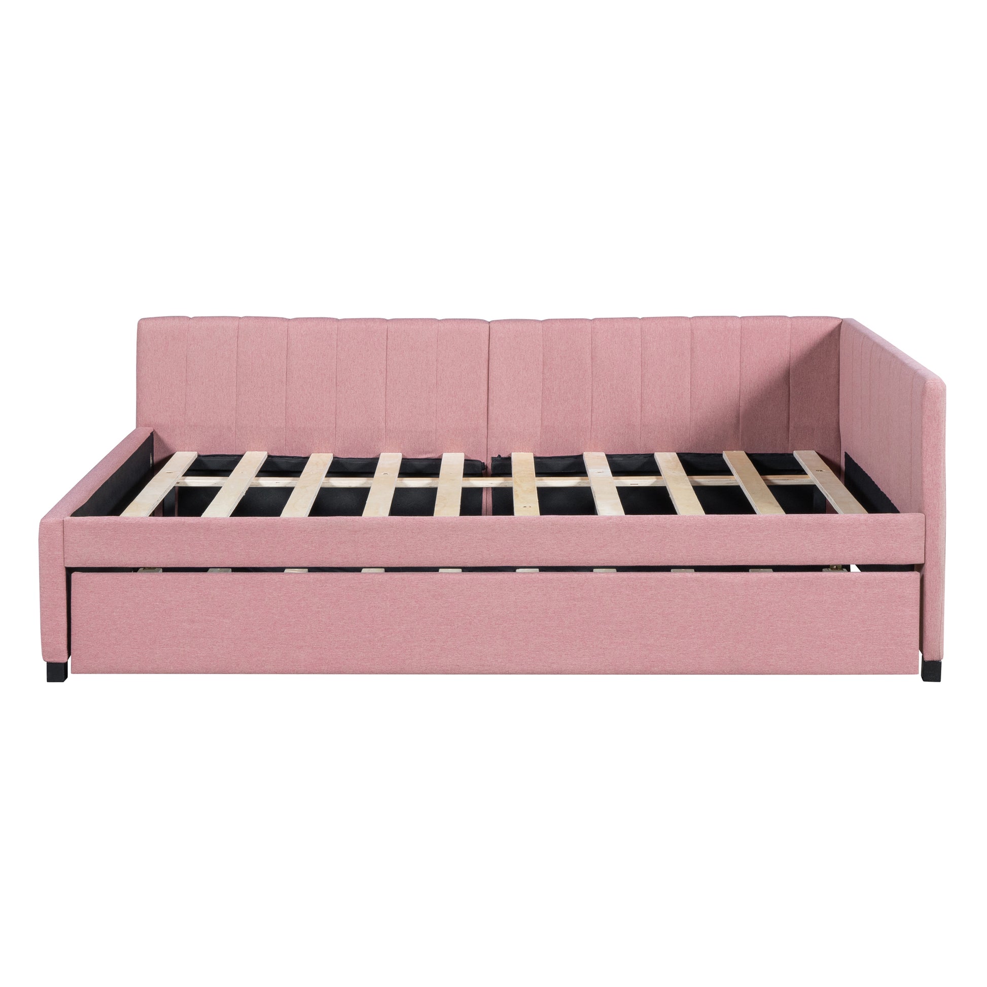 Full Size Upholstered Daybed With Trundle Sofa Bed Frame No Box Spring Needed, Linen Fabric Pink Full Pink Linen