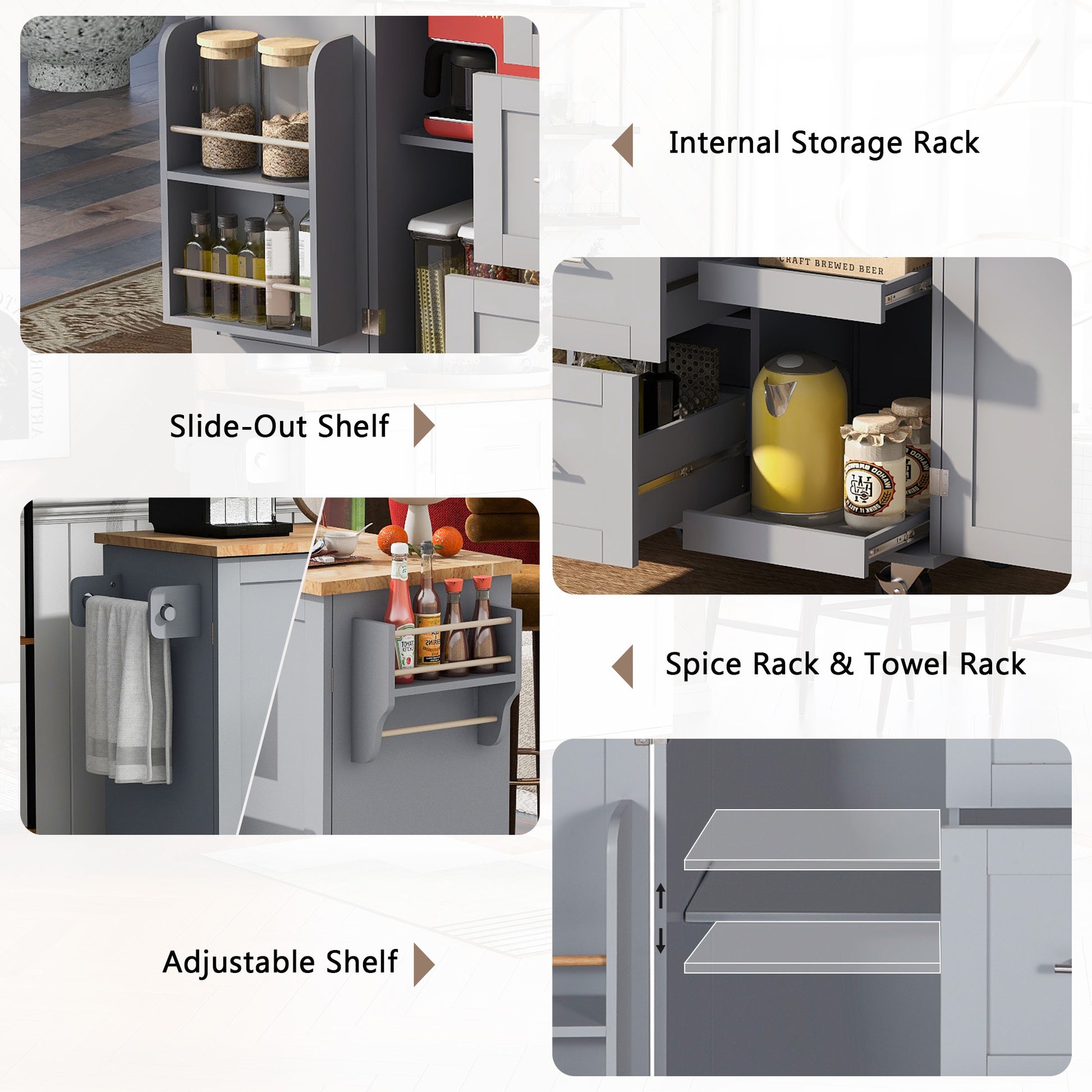 K&K Rolling Kitchen Island With Storage, Kitchen Cart With Rubber Wood Top, 3 Drawer, 2 Slide Out Shelf And Internal Storage Rack, Kitchen Island On Wheels With Spice Rack & Tower Rack, Grey Blue Grey Blue Kitchen Classic,European,Modern Rectangular