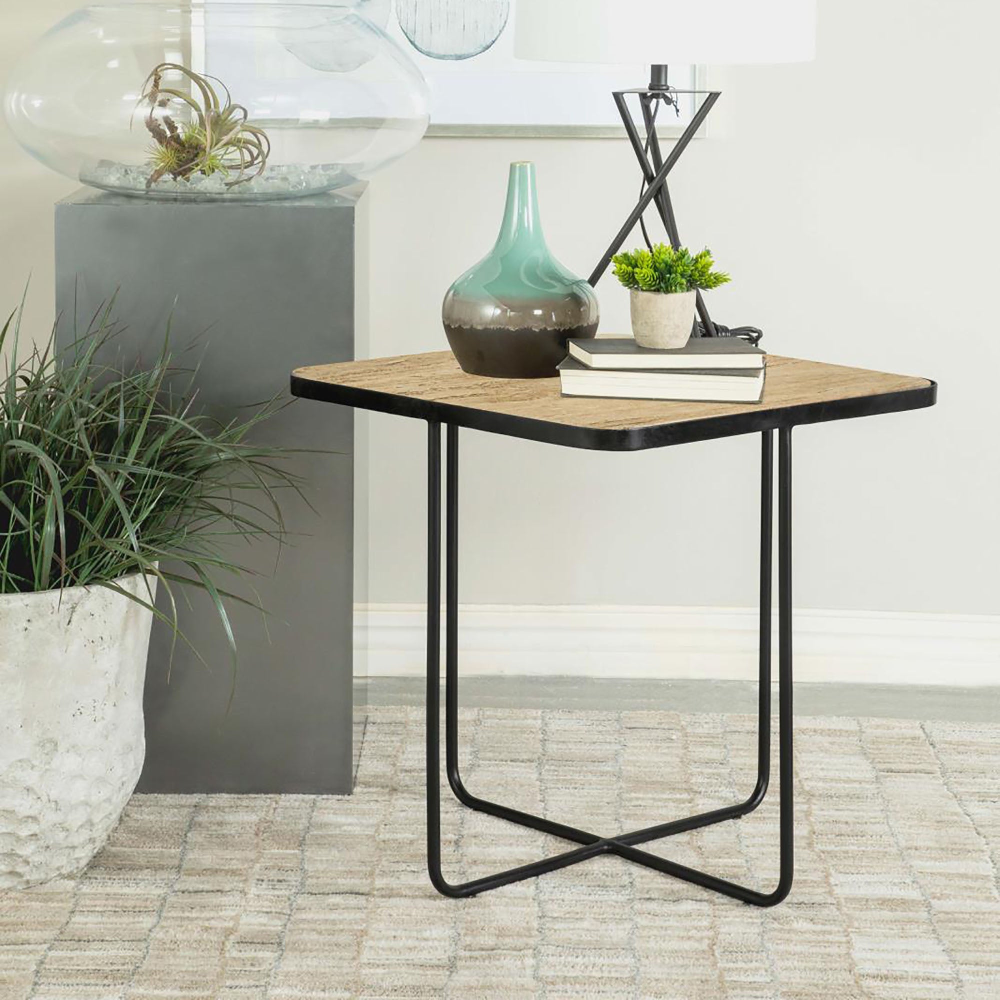 Travertine And Black Accent Table Brown Primary Living Space Contemporary,Modern Square Coffee & End Tables Stone Sled