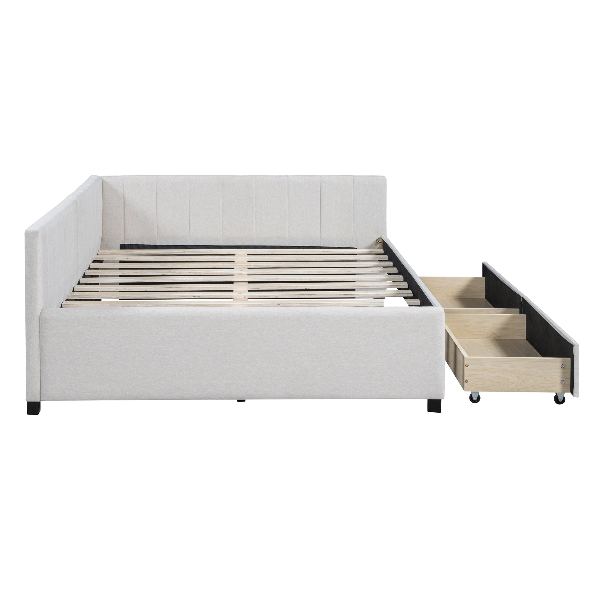 Full Size Upholstered Daybed With 2 Storage Drawers Sofa Bed Frame No Box Spring Needed, Linen Fabric Beige Beige Linen