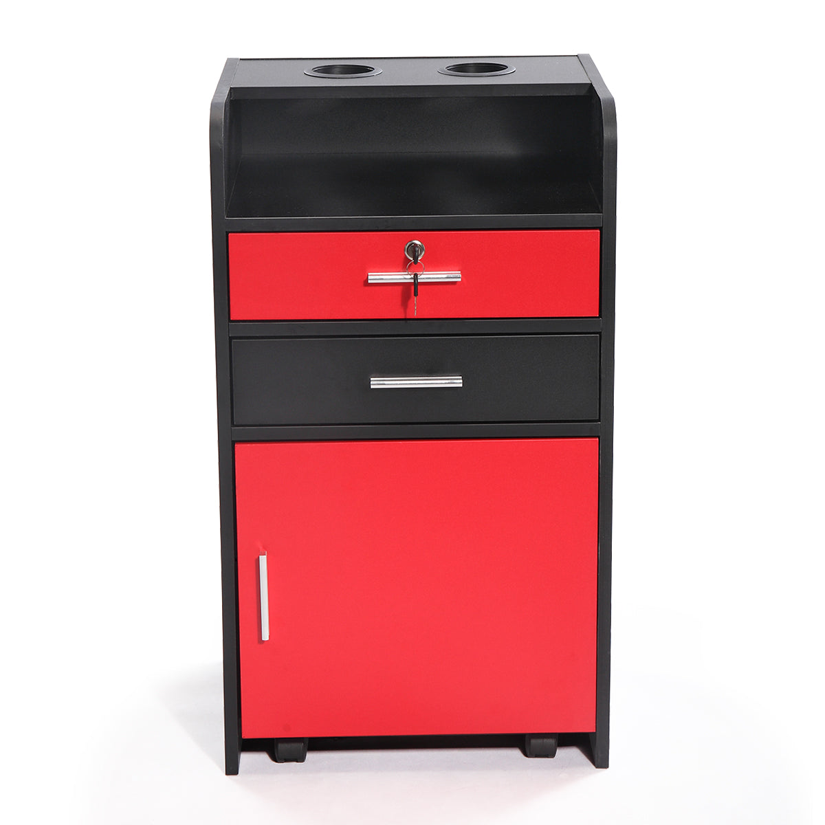 Salon Beauty Cabinet, 3 Layer Rolling Trolley With Storage Drawer, Wheels And 2 Hair Dryer Holders, Black Red Black Red Mdf