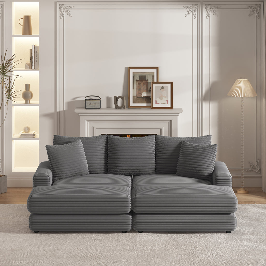 86.6 Inch Corduroy 3 Seater Sofa With 3 Back Pillows2 Toss Pillows And Two Ottoman ,Comfy Sofa Deep Seat Couch For Living Room Grey Corduroy