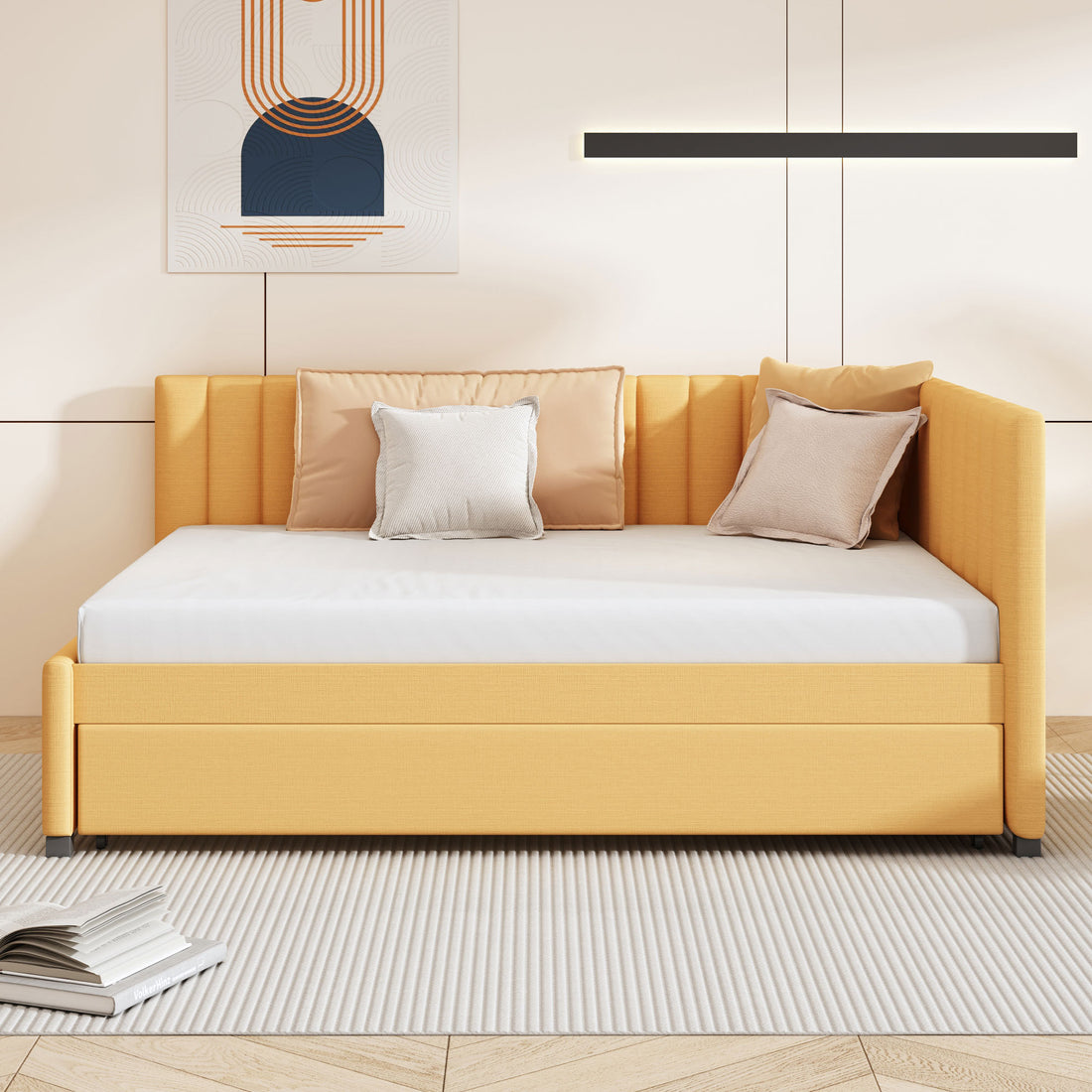 Full Size Upholstered Daybed With Trundle Sofa Bed Frame No Box Spring Needed, Linen Fabric Yellow Yellow Linen