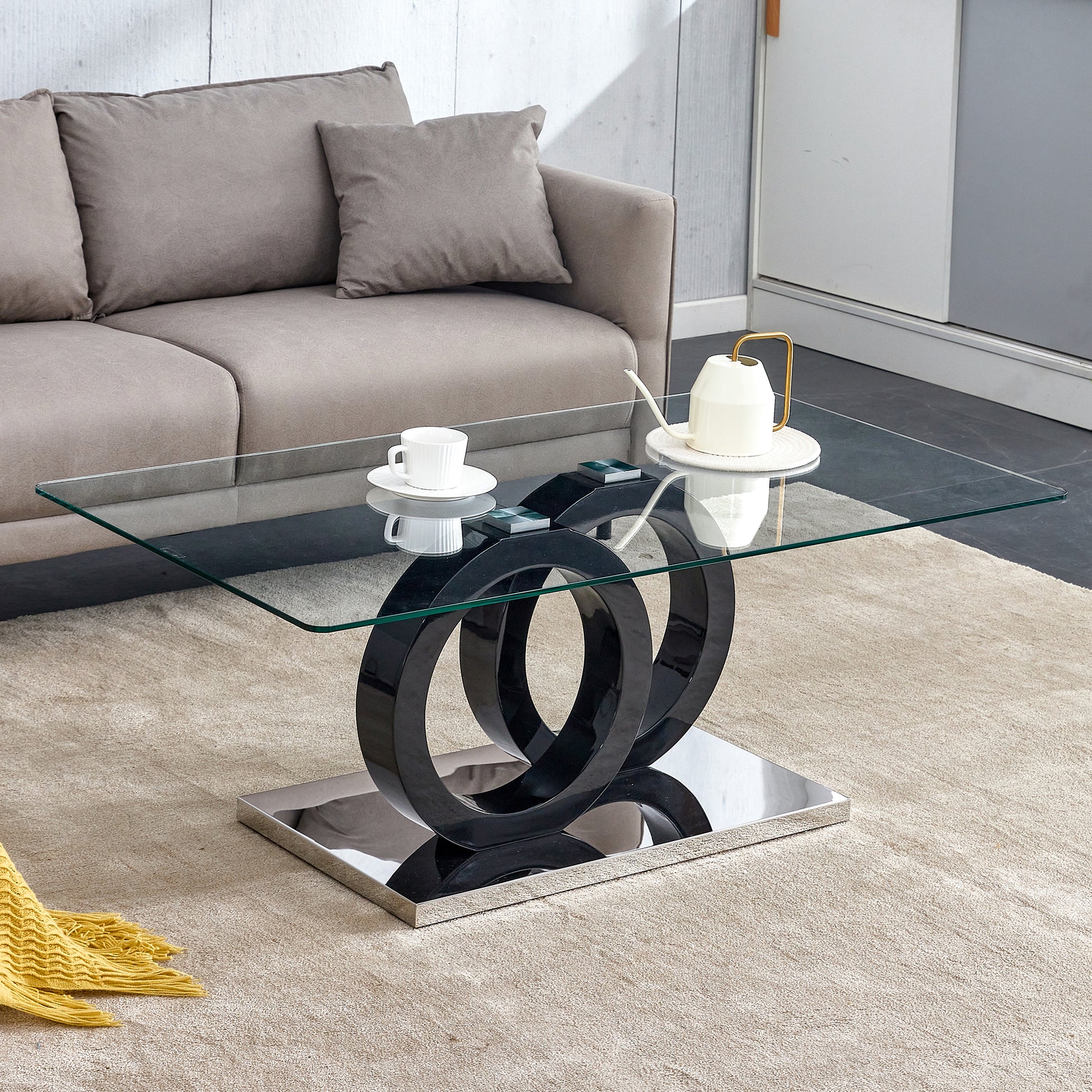 A Rectangular Modern And Fashionable Coffee Table With Tempered Glass Tabletop And Black Legs. Suitable For Living Room. 47.2"*25.4"*17.9" Black Glass