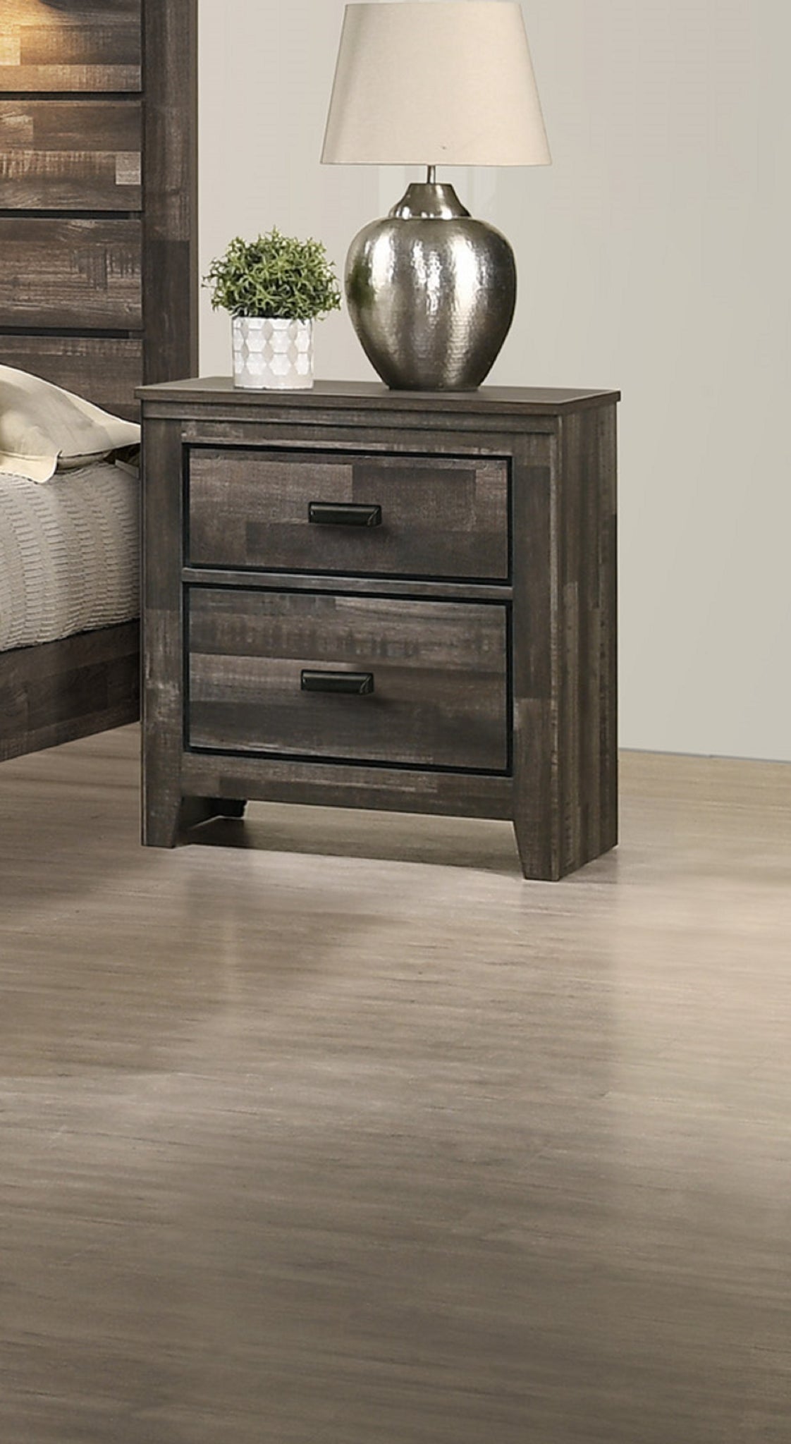 Contemporary 2 Drawer Nightstand End Table Brown Mixed Finish Two Storage Drawers Black Finished Handles Bedroom Furniture Brown Wood