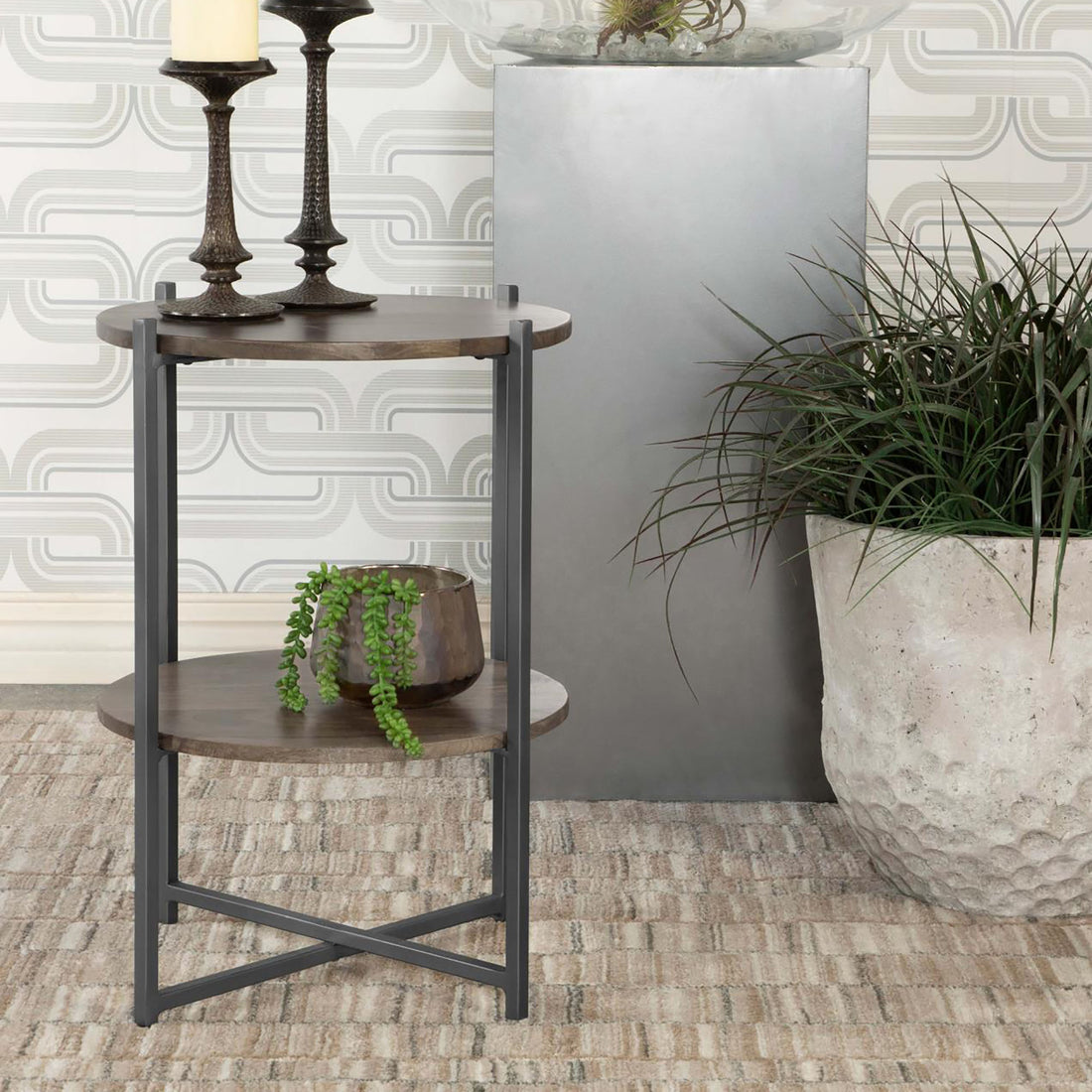 Natural And Gunmetal Accent Table With Bottom Shelf Brown Primary Living Space Transitional Shelves Coffee & End Tables Wood