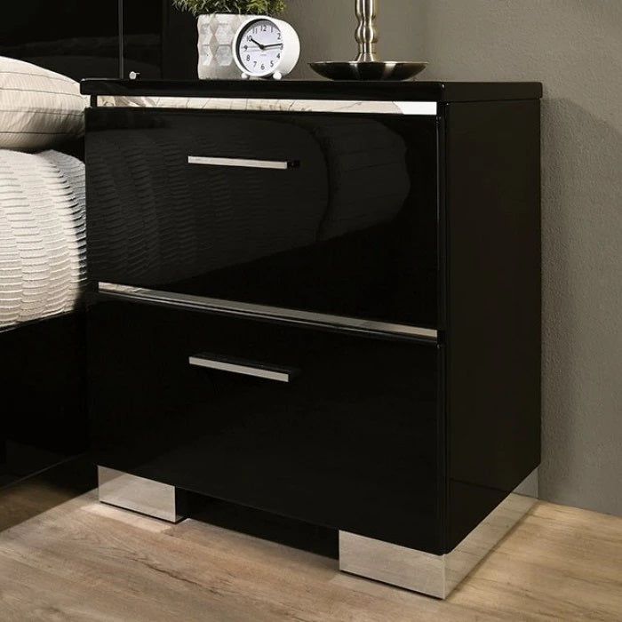 Contemporary 1Pc Nightstand Black Color High Gloss Lacquer Coating Chrome Handles And Feet Bedside Table W Usb Charger Bedroom Furniture Black 2 Drawers Bedroom Bedside Cabinet Classic,Contemporary,Modern Drawers Black Solid Wood