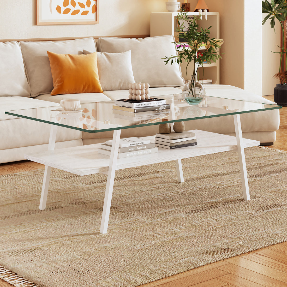 Rectangle Coffee Table, Tempered Glass Tabletop With White Metal Legs, Modern Table For Living Roomtransparent Glass Transparent Tempered Glass