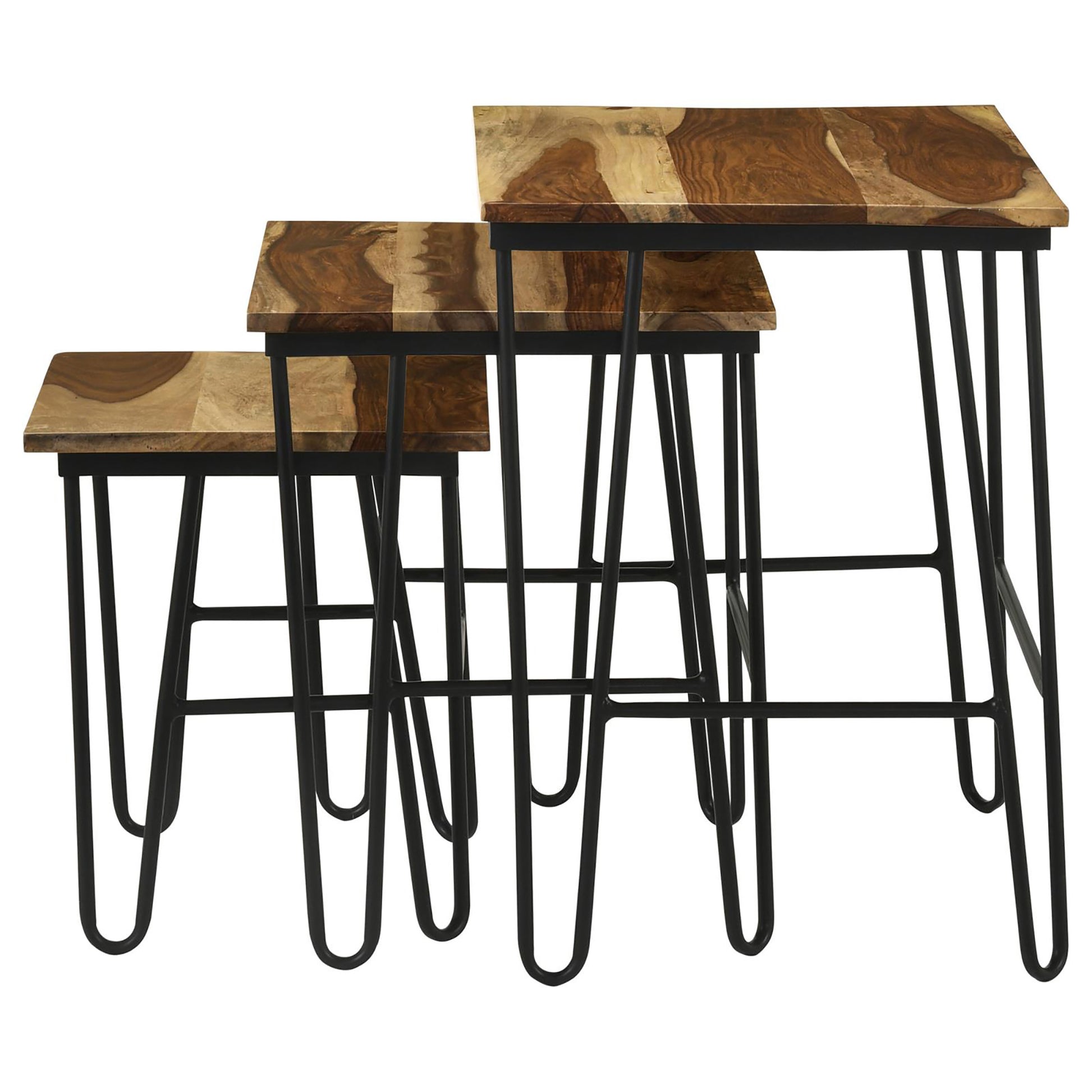 Natural And Black 3 Piece Nesting Table With Hairpin Legs Brown Primary Living Space Industrial Sheesham Rectangular Coffee & End Tables Wood Hairpin