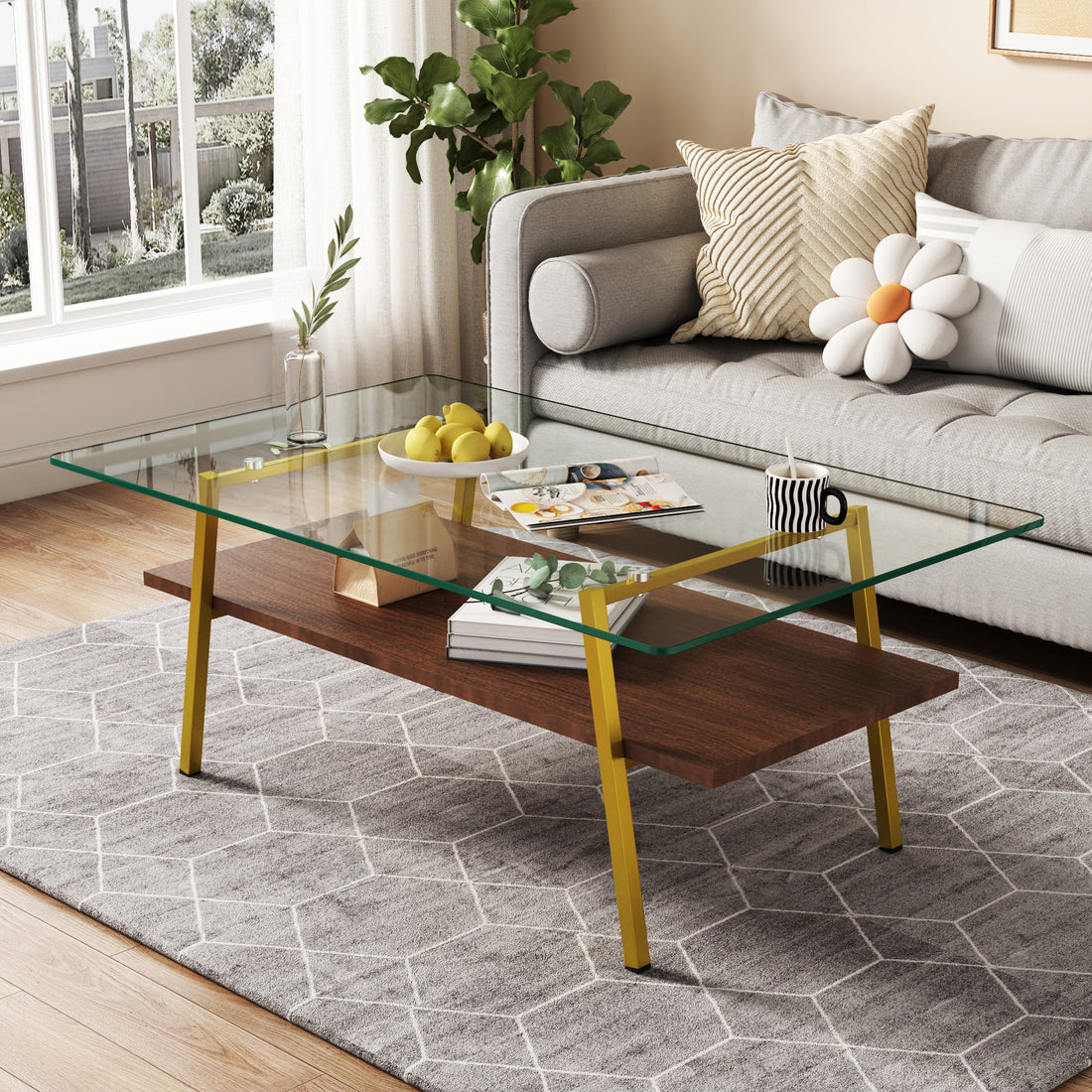 Rectangle Coffee Table, Tempered Glass Tabletop With Gold Metal Legs, Modern Table For Living Roomtransparent Glass Transparent Tempered Glass