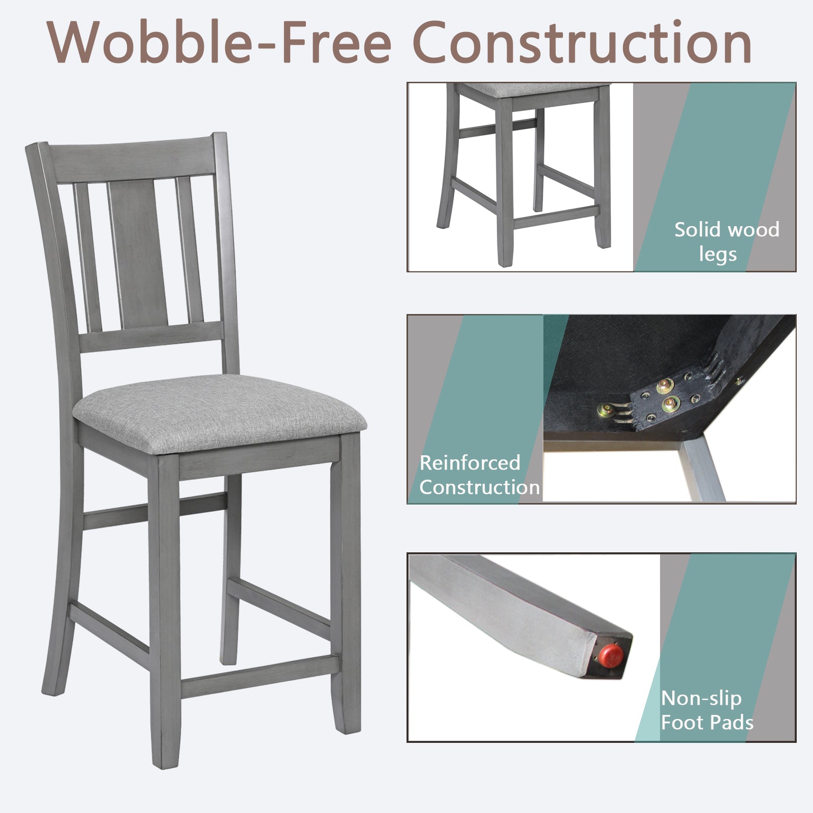 Dining Room Furniture Counter Height Chairs Set Of 4, Kitchen Chair With Padded Seatupholstered Side Chair For Dining Room, Living Room, Gray Wood Gray Solid Back Seats 4 Dining Room Rubberwood Rubber Wood