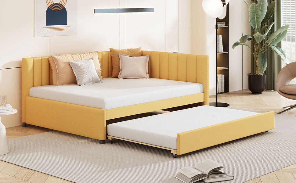 Full Size Upholstered Daybed With Trundle Sofa Bed Frame No Box Spring Needed, Linen Fabric Yellow Yellow Linen