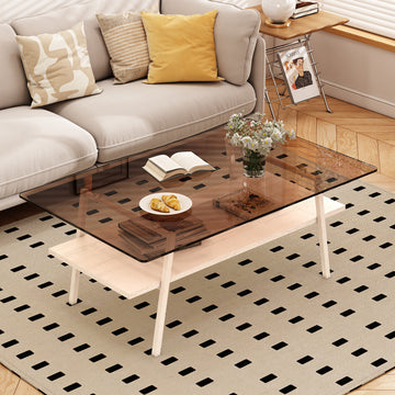 Rectangle Coffee Table, Tempered Glass Tabletop With White Metal Legs, Modern Table For Living Roombrown Glass Brown Tempered Glass