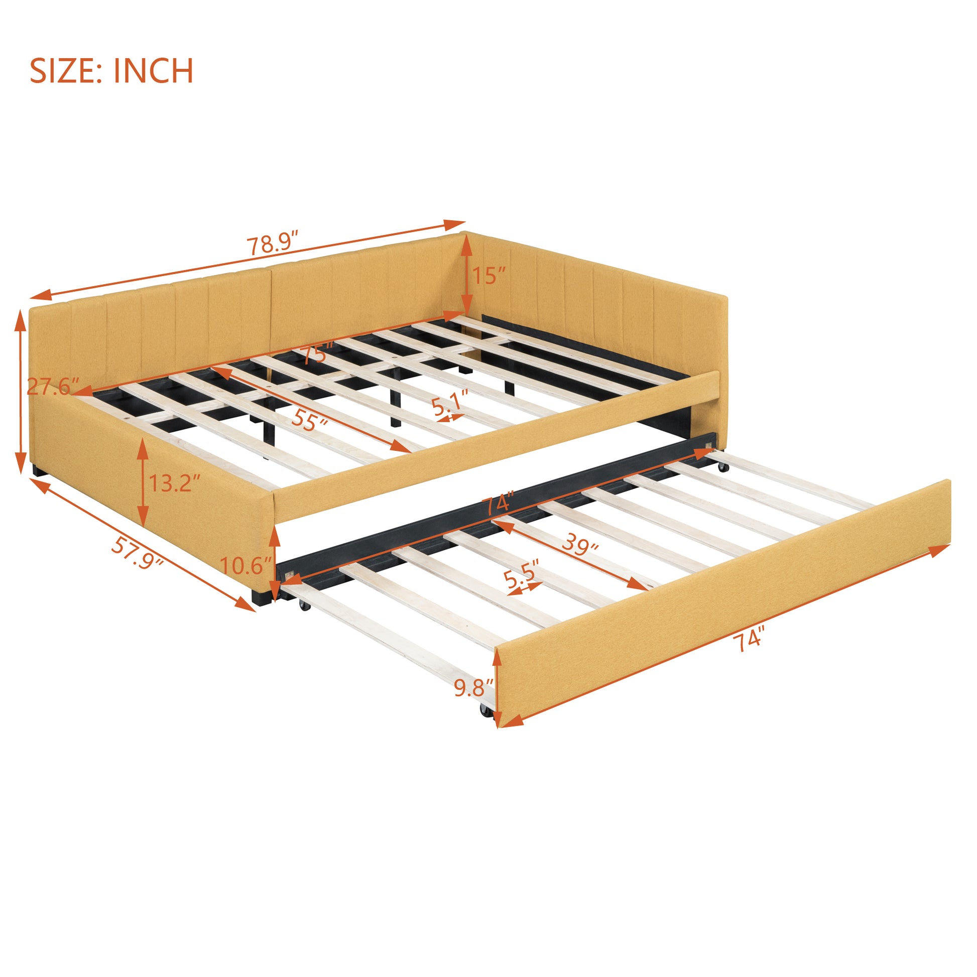 Full Size Upholstered Daybed With Trundle Sofa Bed Frame No Box Spring Needed, Linen Fabric Yellow Yellow Linen