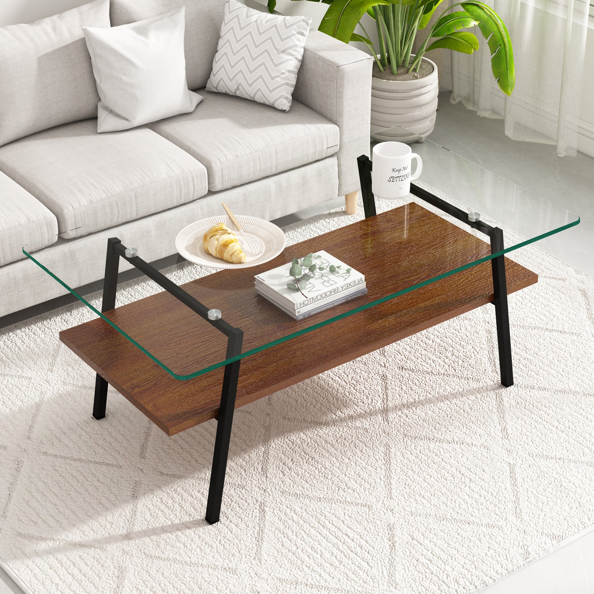 Rectangle Coffee Table, Tempered Glass Tabletop With Black Metal Legs, Modern Table For Living Roomtransparent Glass Transparent Tempered Glass