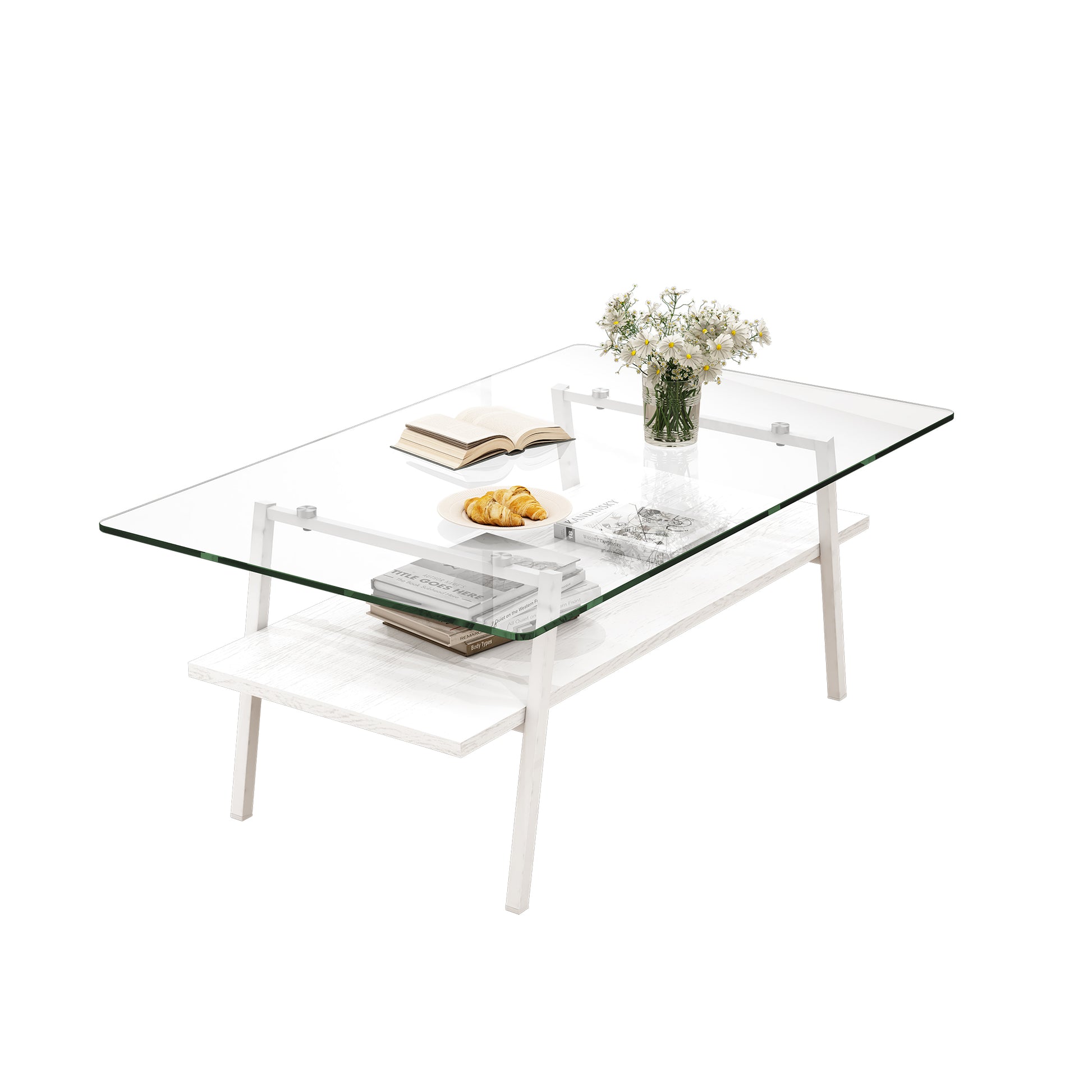 Rectangle Coffee Table, Tempered Glass Tabletop With White Metal Legs, Modern Table For Living Roomtransparent Glass Transparent Tempered Glass