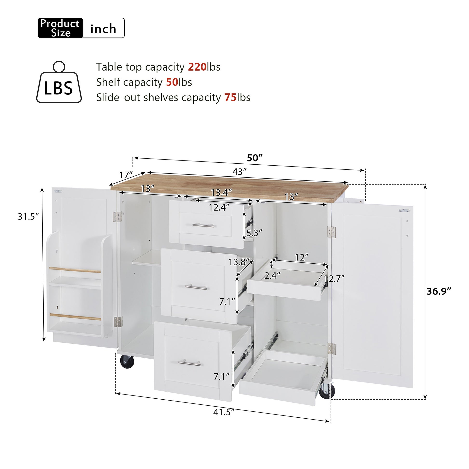 K&K Rolling Kitchen Island With Storage, Kitchen Cart With Rubber Wood Top, 3 Drawer, 2 Slide Out Shelf And Internal Storage Rack, Kitchen Island On Wheels With Spice Rack & Tower Rack, White White Kitchen Classic,European,Modern Rectangular Kitchen