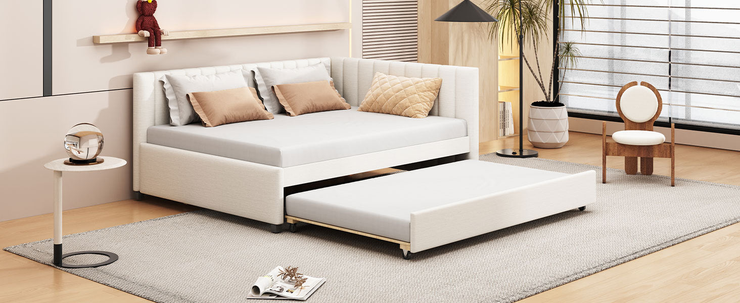 Full Size Upholstered Daybed With Trundle Sofa Bed Frame No Box Spring Needed, Linen Fabric Beige Beige Linen