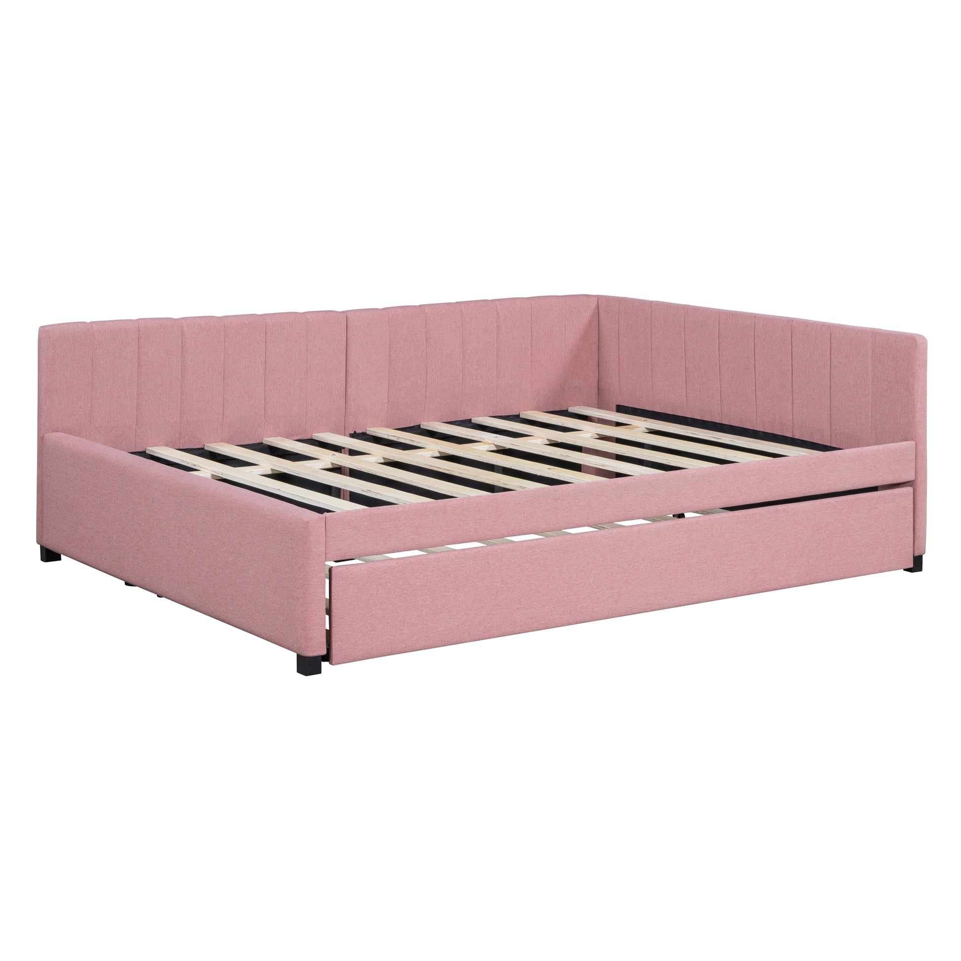 Full Size Upholstered Daybed With Trundle Sofa Bed Frame No Box Spring Needed, Linen Fabric Pink Full Pink Linen