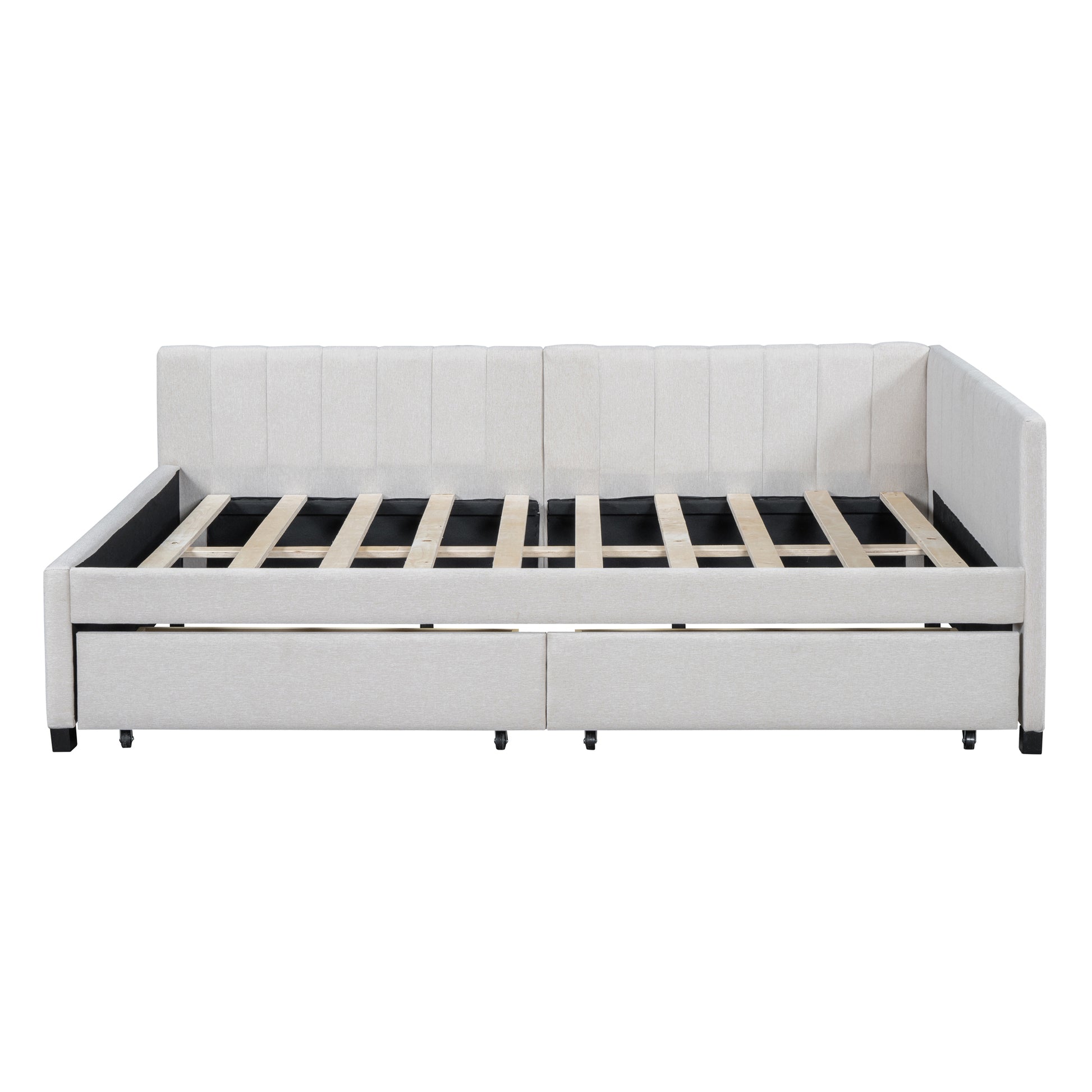 Full Size Upholstered Daybed With 2 Storage Drawers Sofa Bed Frame No Box Spring Needed, Linen Fabric Beige Beige Linen