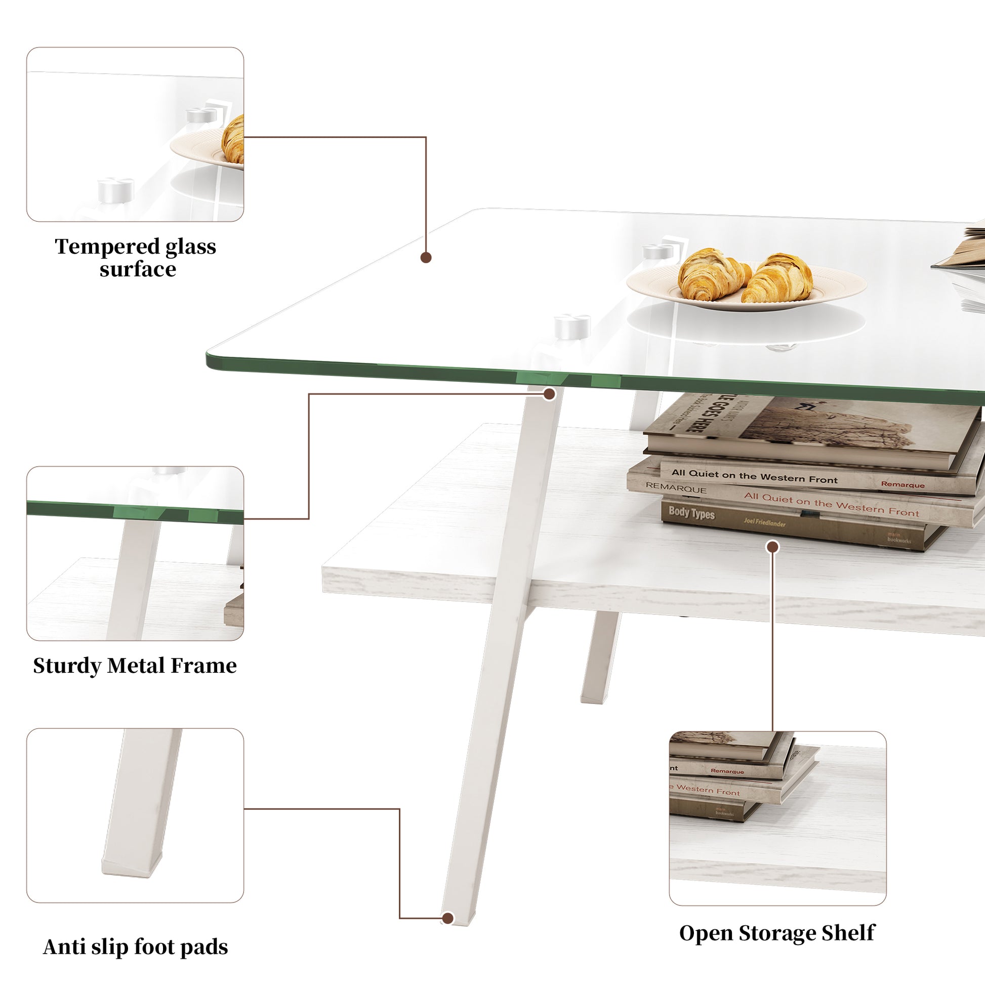 Rectangle Coffee Table, Tempered Glass Tabletop With White Metal Legs, Modern Table For Living Roomtransparent Glass Transparent Tempered Glass