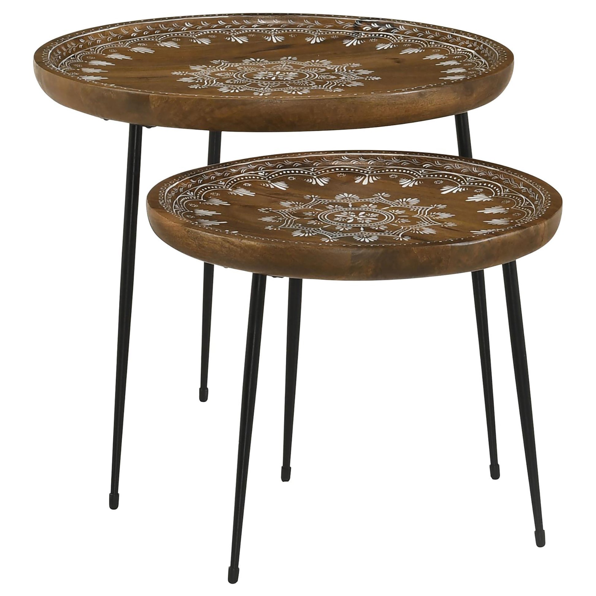 Honey And Black 2 Piece Nesting Table Brown Primary Living Space Mid Century Modern Mango Round Coffee & End Tables Wood