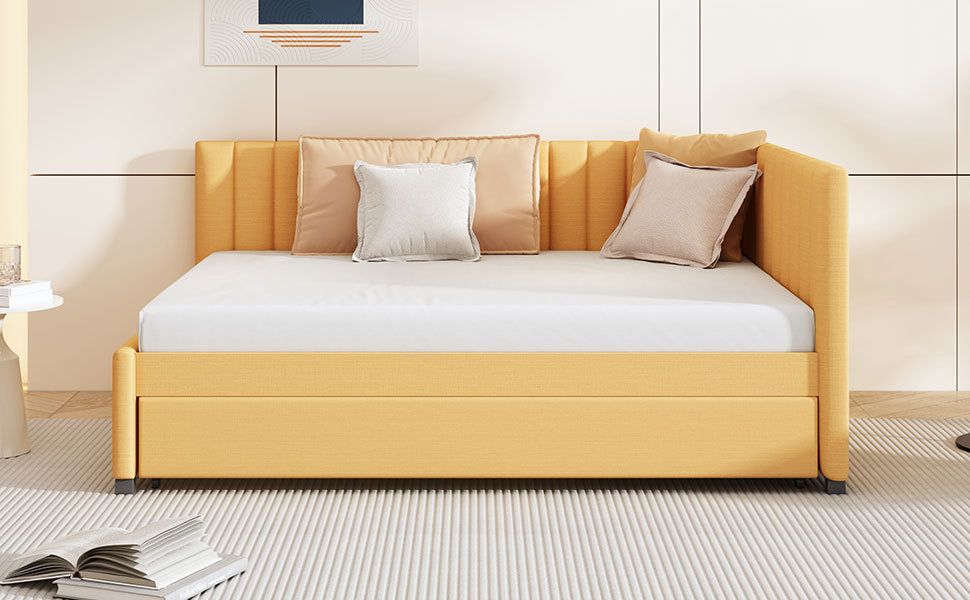 Full Size Upholstered Daybed With Trundle Sofa Bed Frame No Box Spring Needed, Linen Fabric Yellow Yellow Linen