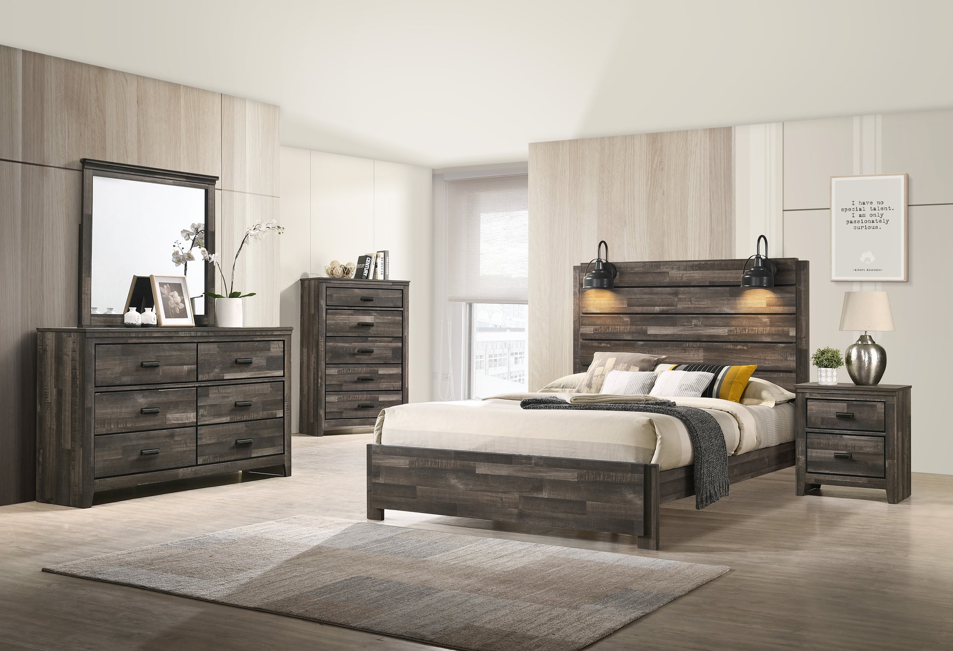 1Pc Rustic Style Butcher Block Finish Weathered Brown Finish Queen Size Bed W Lamp Wooden Bedroom Furniture Queen Brown Brown Wood Bedroom Contemporary,Transitional Wood Fabric