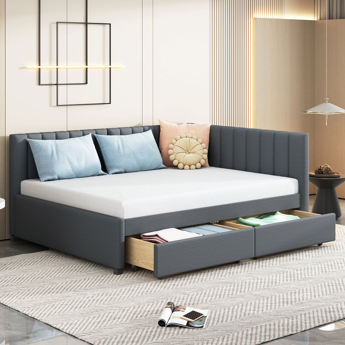 Full Size Upholstered Daybed With 2 Storage Drawers Sofa Bed Frame No Box Spring Needed, Linen Fabric Gray Gray Linen