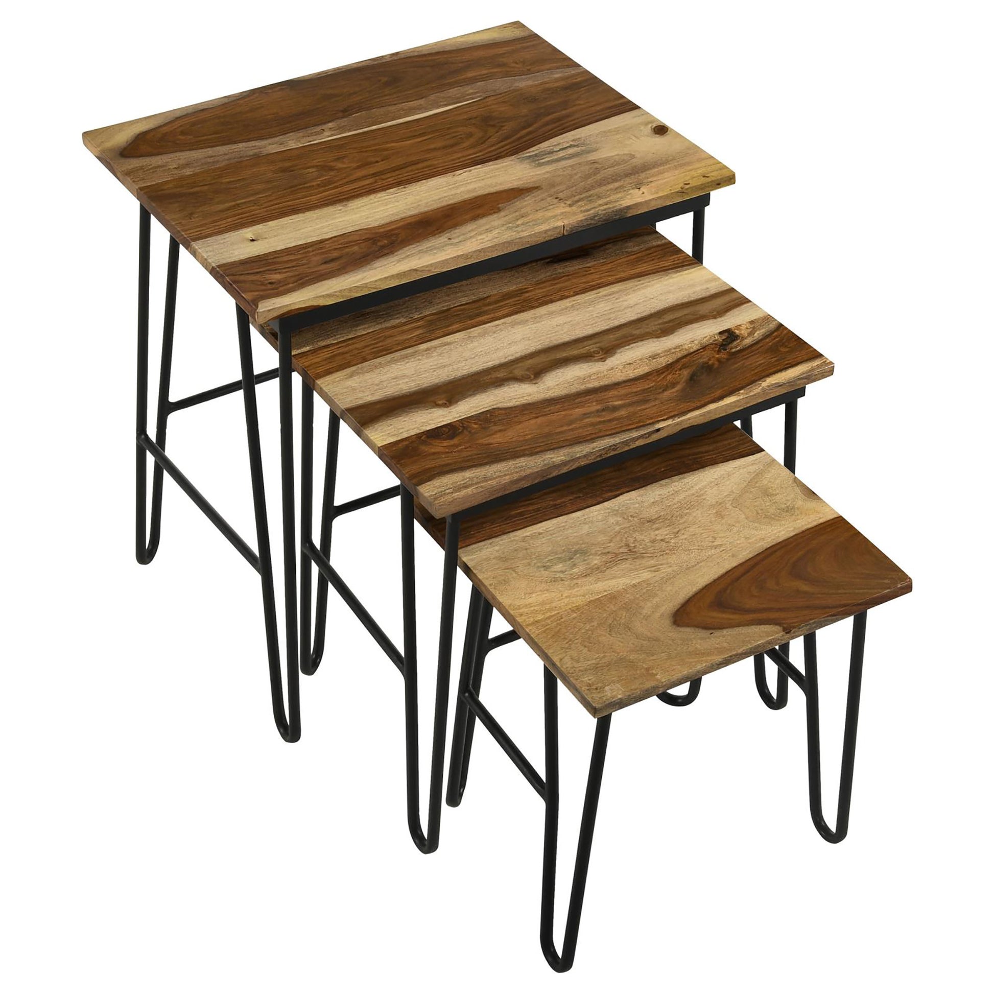Natural And Black 3 Piece Nesting Table With Hairpin Legs Brown Primary Living Space Industrial Sheesham Rectangular Coffee & End Tables Wood Hairpin
