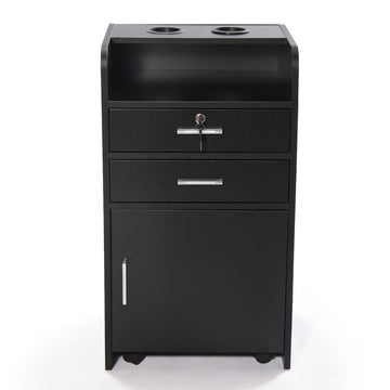 Salon Styling Station With 2 Drawers, 2 Hair Dryer Holders And 1 Cabinet, Black White Black Mdf