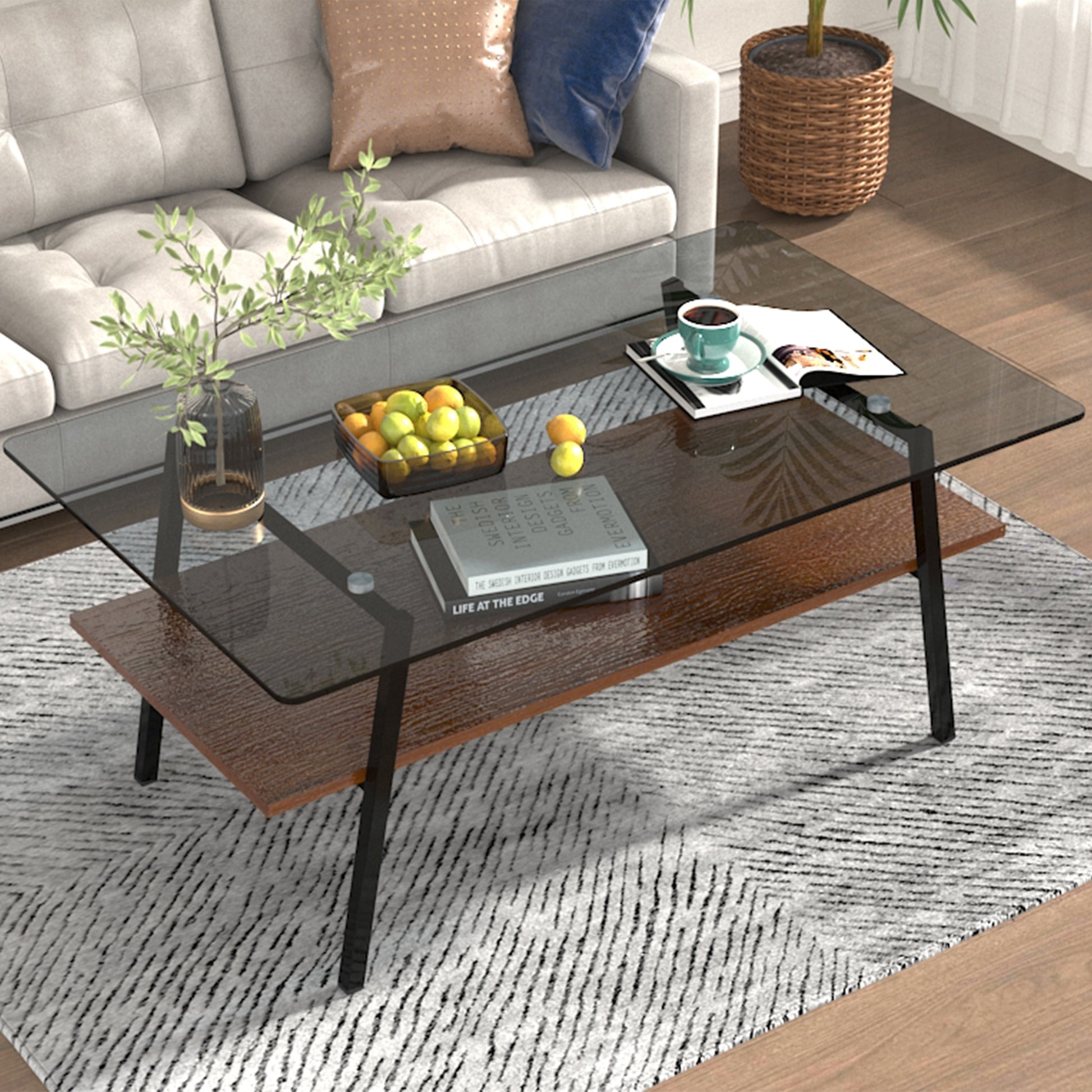 Rectangle Coffee Table, Tempered Glass Tabletop With Black Metal Legs, Modern Table For Living Roomgray Glass Gray Tempered Glass