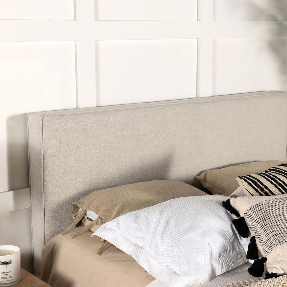 Sand Headboard With Self Welt Details Ivory Wood Bedroom Transitional Pine Bed Frame Foam Upholstered