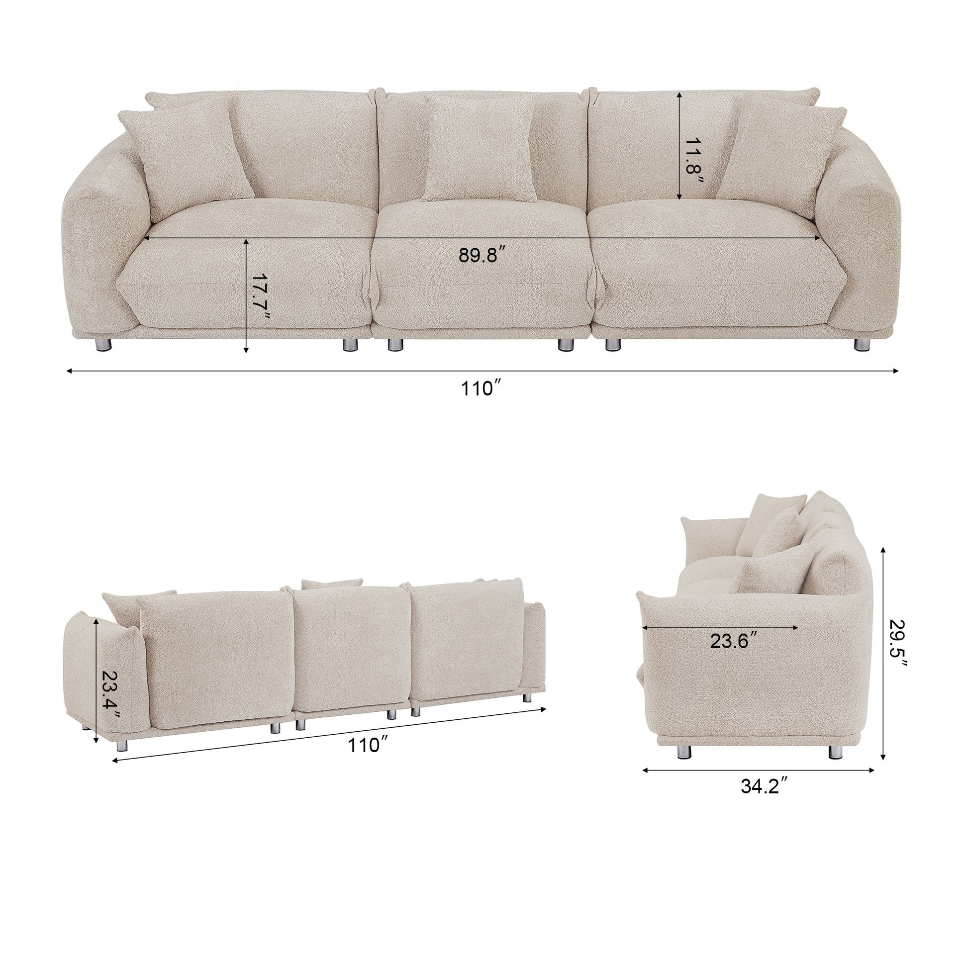 Originality Shapes Camel Lambswool Sherpa 4 Seater Sofa With Metal Legs, Solid Wood Frame Couch With 3 Pillows, Linear And Modular Version Design, Possibility Combined Armchair Current Style Camel