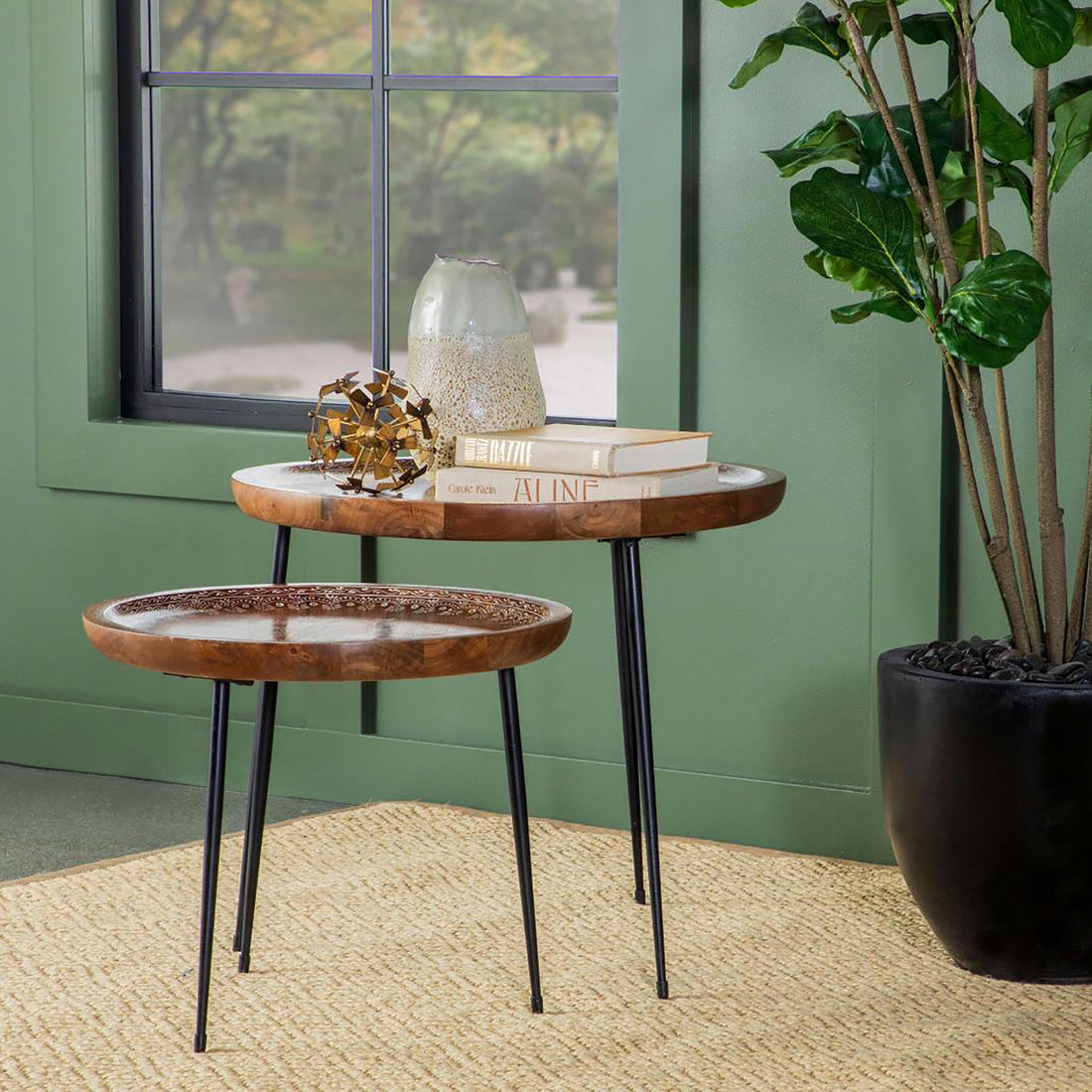 Honey And Black 2 Piece Nesting Table Brown Primary Living Space Mid Century Modern Mango Round Coffee & End Tables Wood