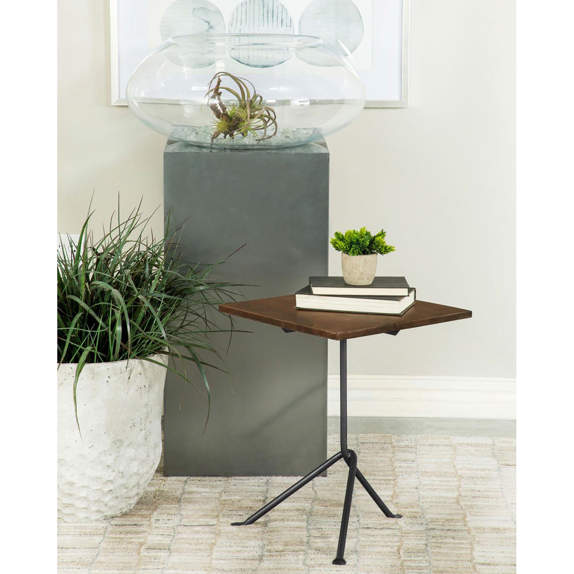 Dark Brown And Gunmetal Accent Table With Tripod Legs Brown Primary Living Space Industrial Tabeltop Mango Square Coffee & End Tables Wood